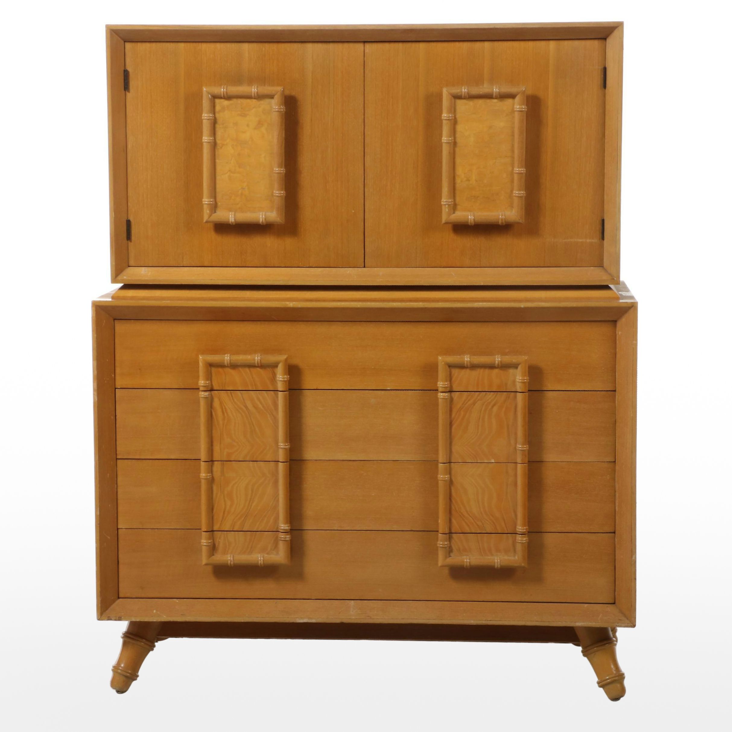 Mid Century Modern Bleached Mahogany, Burl Ash, & Faux-Bamboo Chest-on-Chest