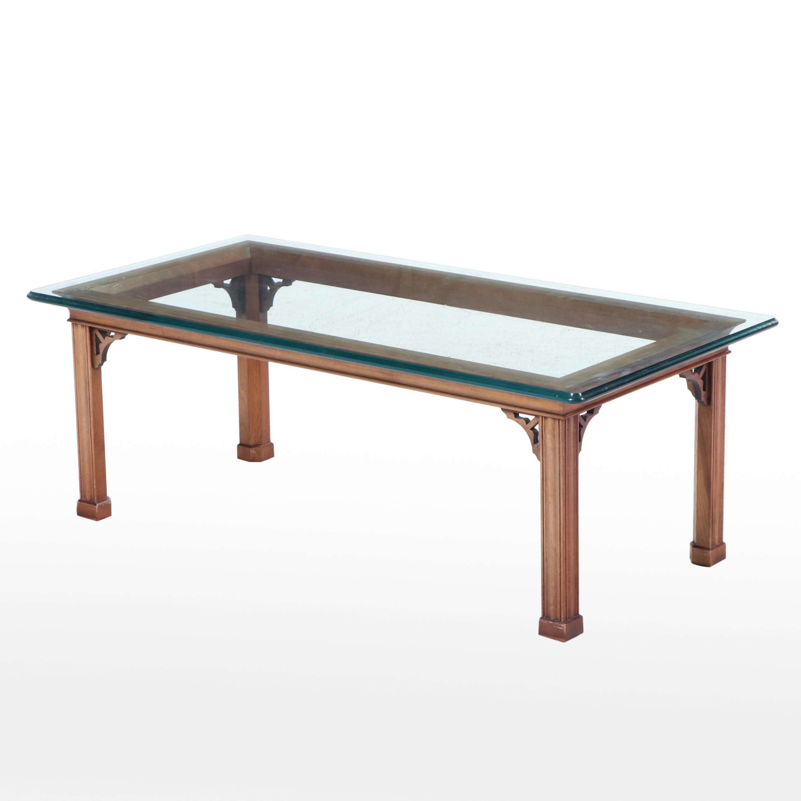 Stickley Chippendale Style Cherrywood and Glass Coffee Table, Dated 2001