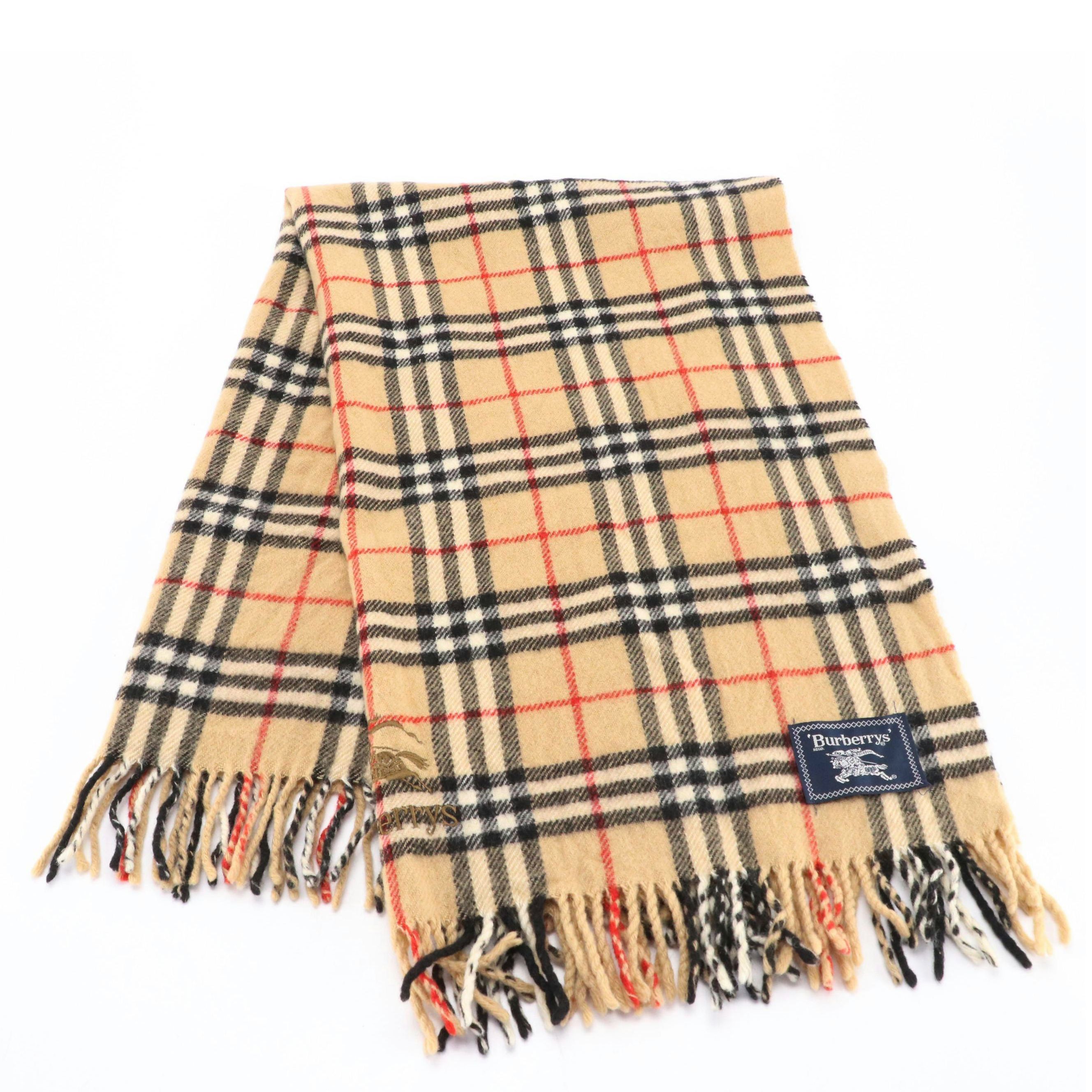 Burberrys Nova Check Wool Fringe Scarf with Embroidered Logo
