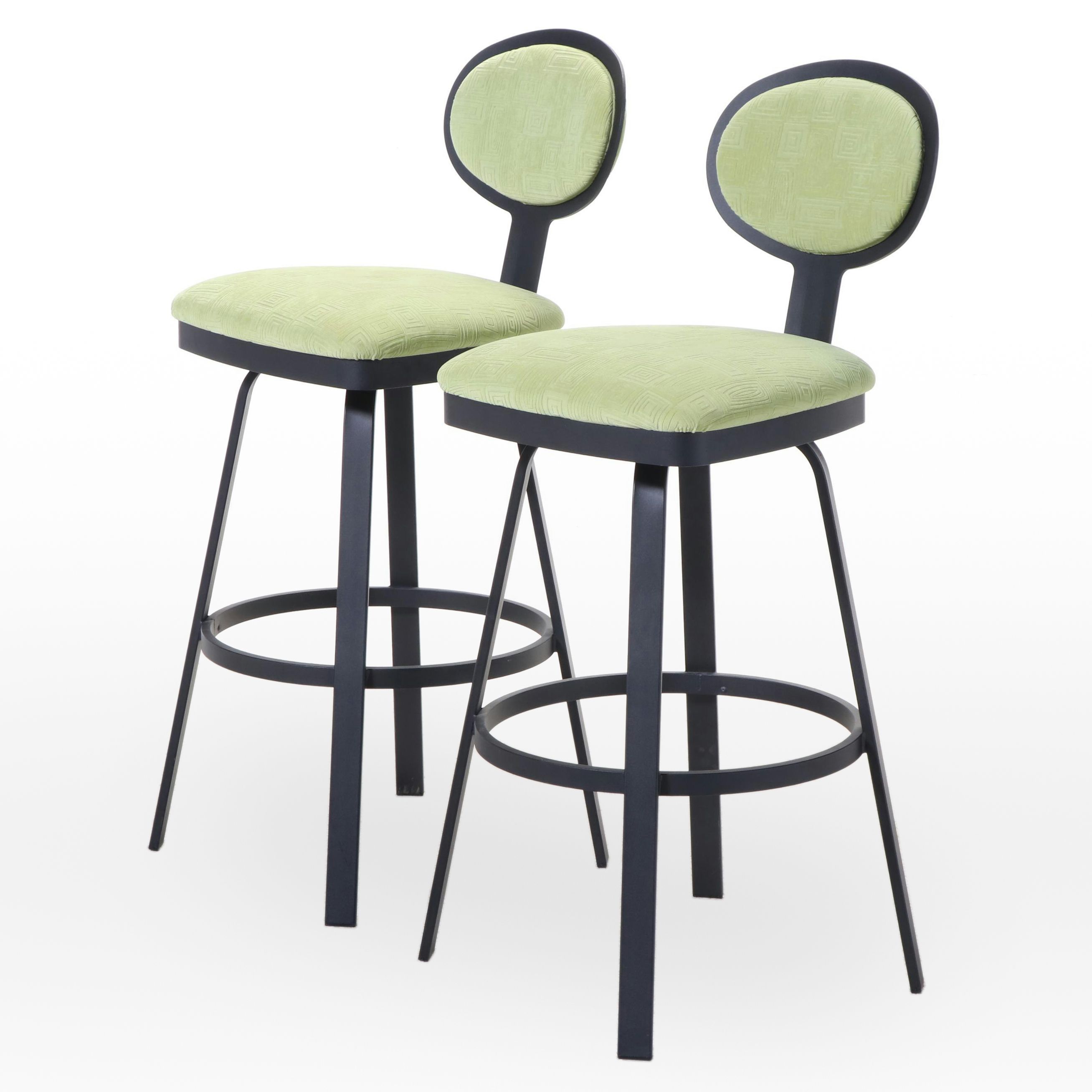 Pair of Amisco Industries Powder-Coated Metal and Upholstered Swivel Bar Stools