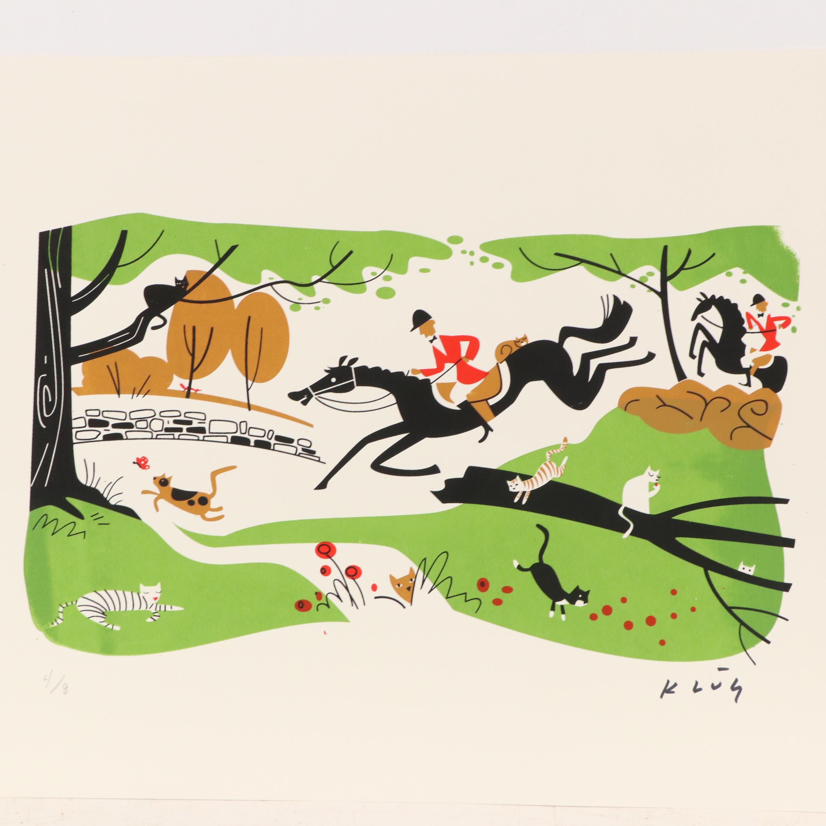 David “Dave” Klüg Stylized Hunting Scene Serigraph, 21st Century