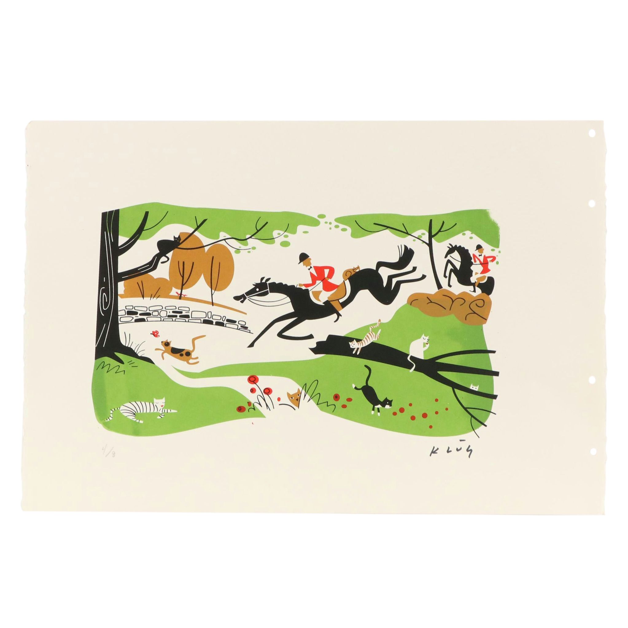 David “Dave” Klüg Stylized Hunting Scene Serigraph, 21st Century