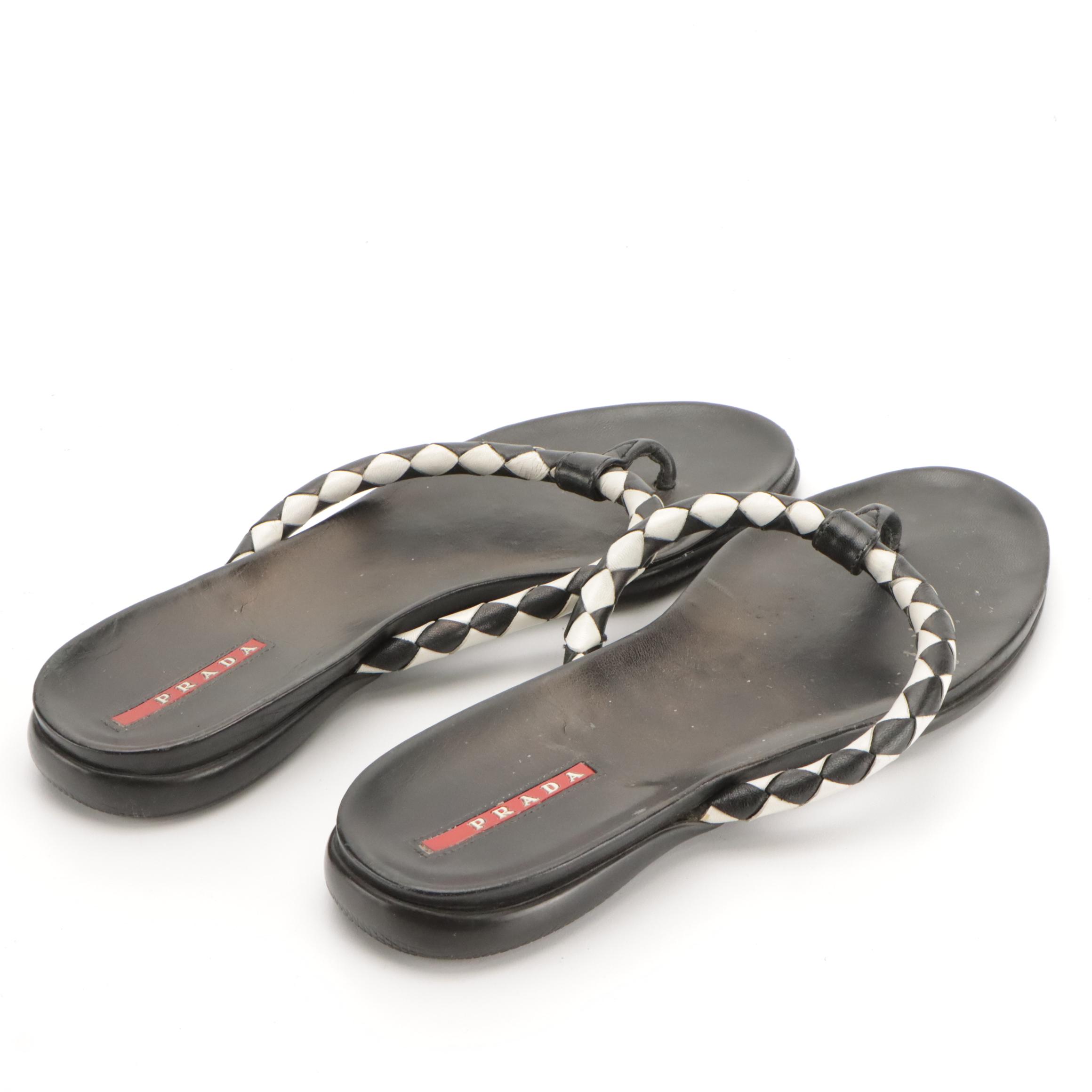 Prada Sport Black & White Woven Leather Thong Sandals