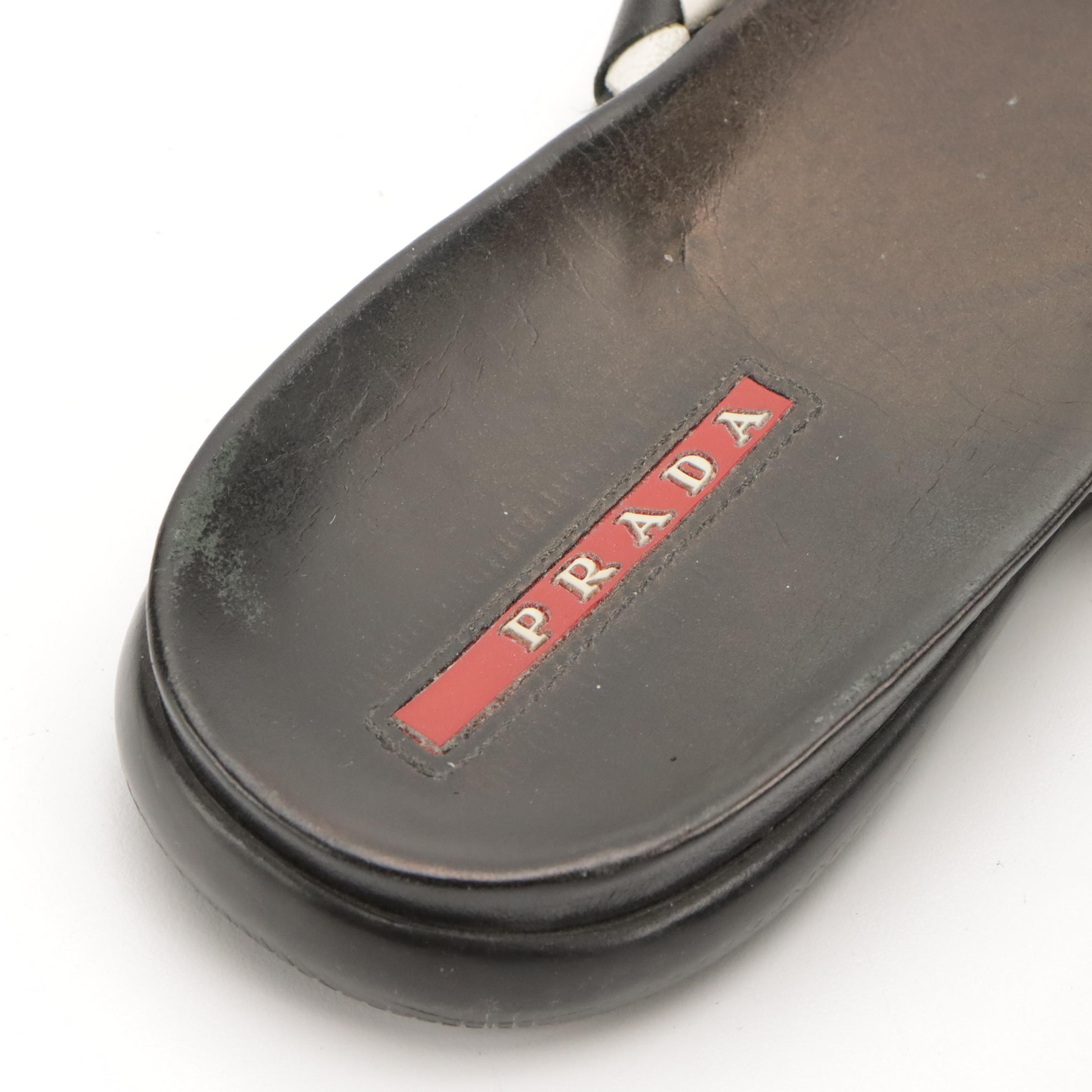 Prada Sport Black & White Woven Leather Thong Sandals