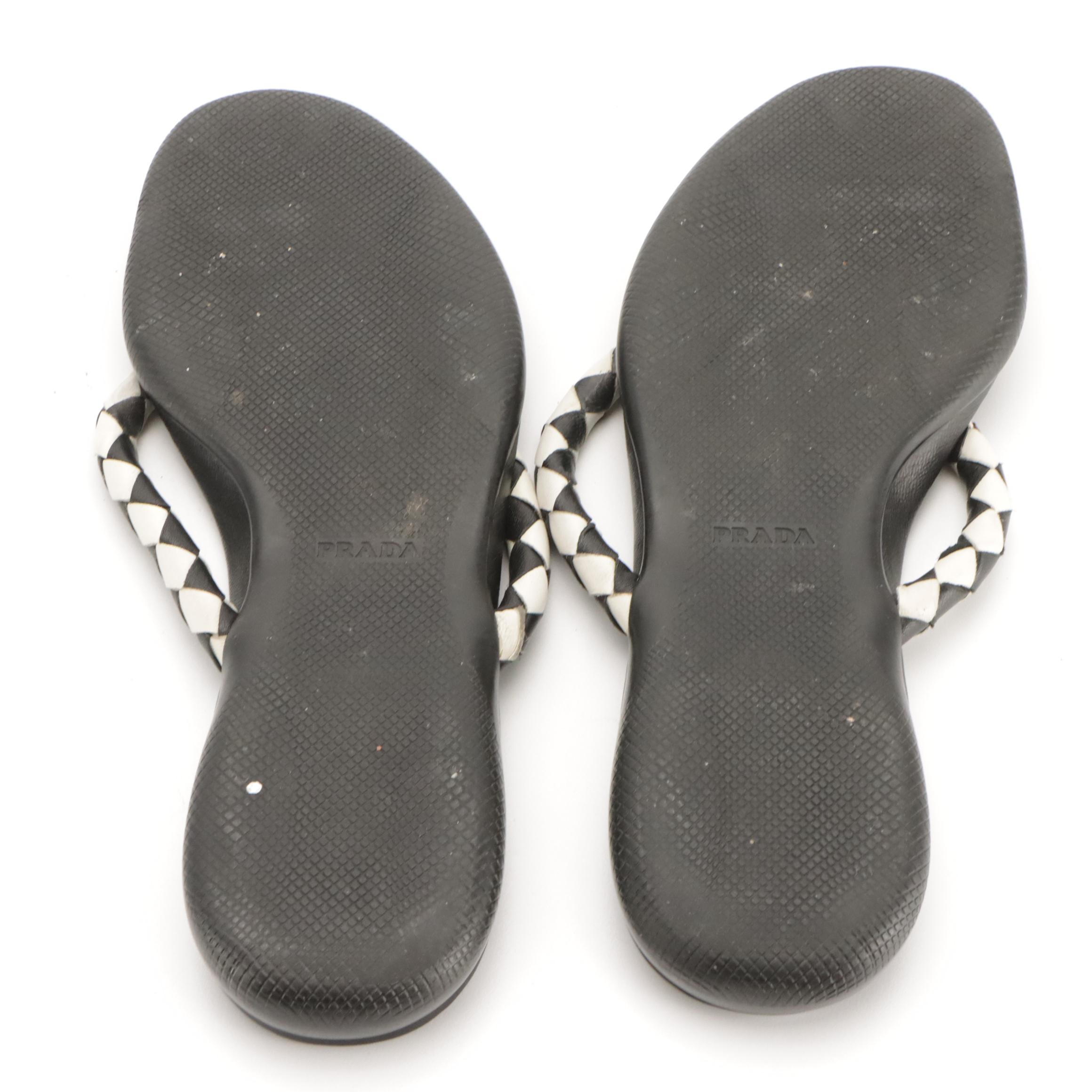 Prada Sport Black & White Woven Leather Thong Sandals