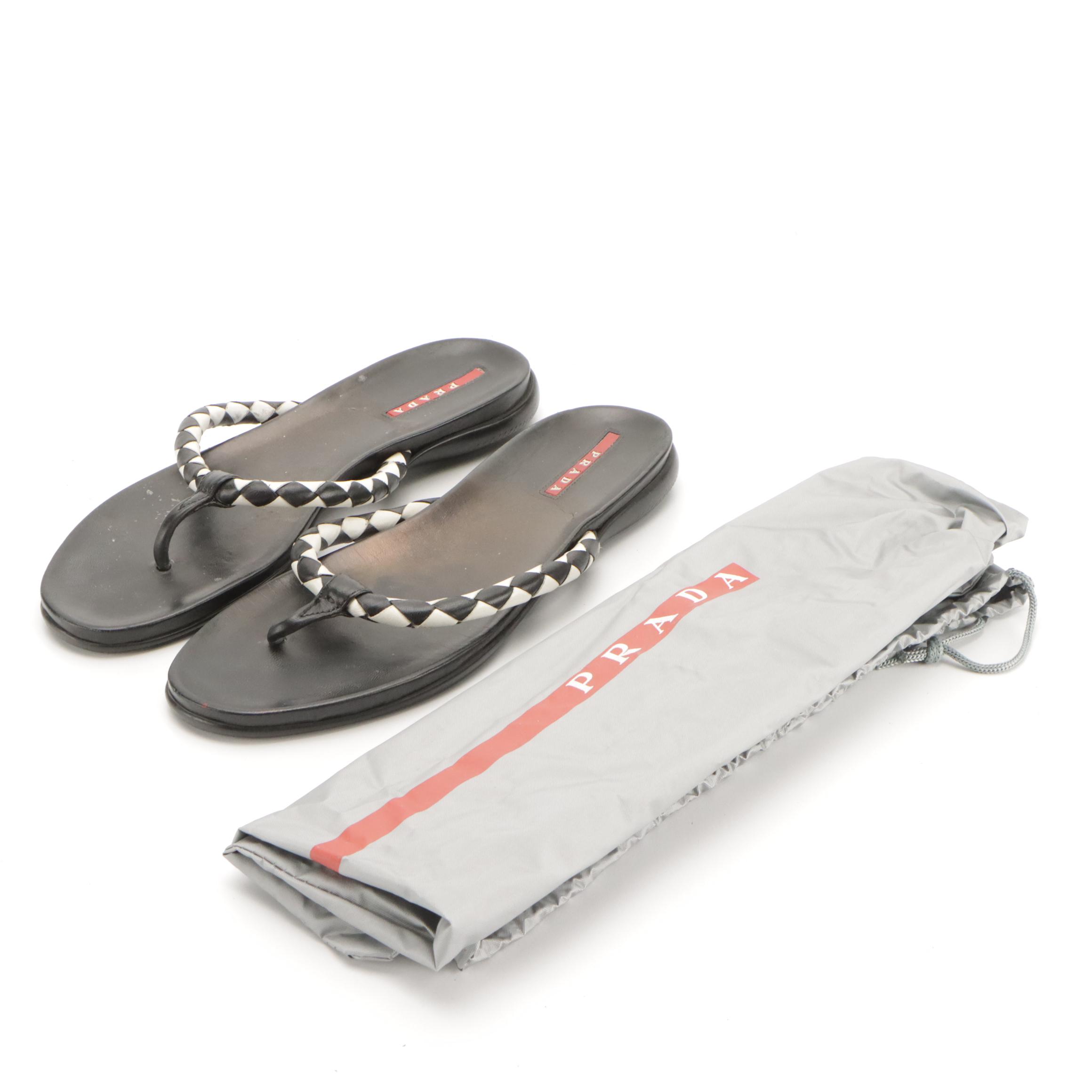 Prada Sport Black & White Woven Leather Thong Sandals