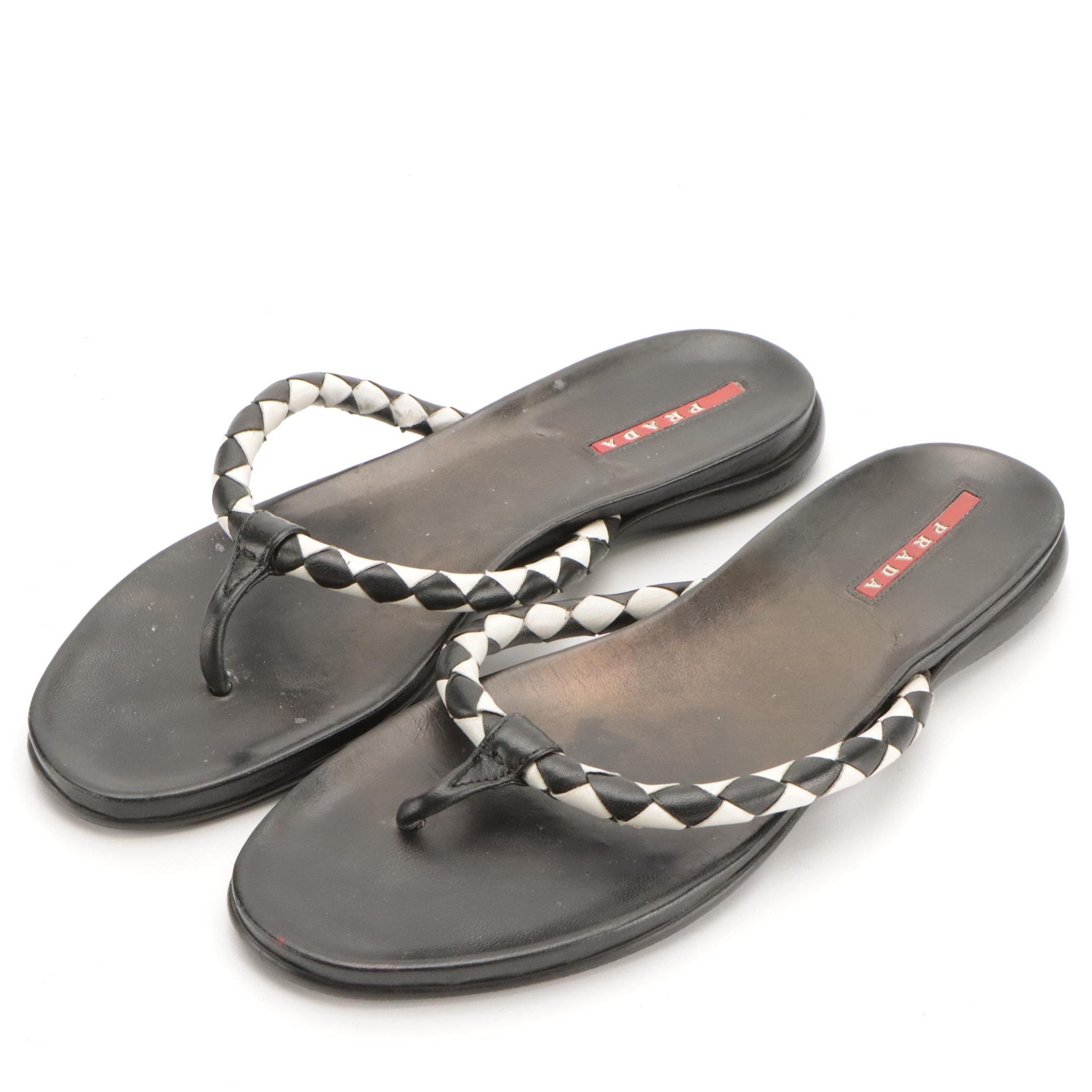 Prada Sport Black & White Woven Leather Thong Sandals