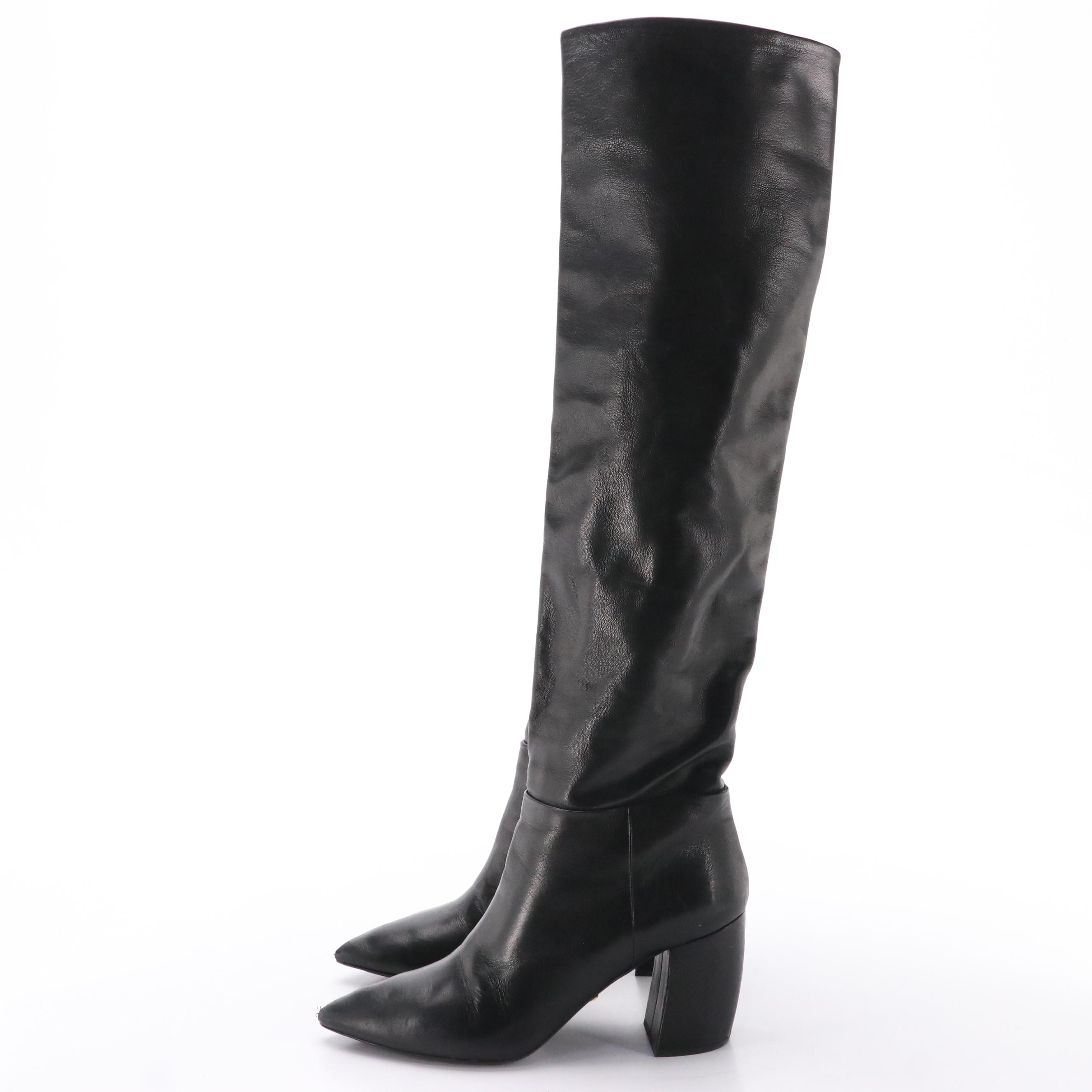 Prada Metallic Leather Knee-High Heeled Boots in Box