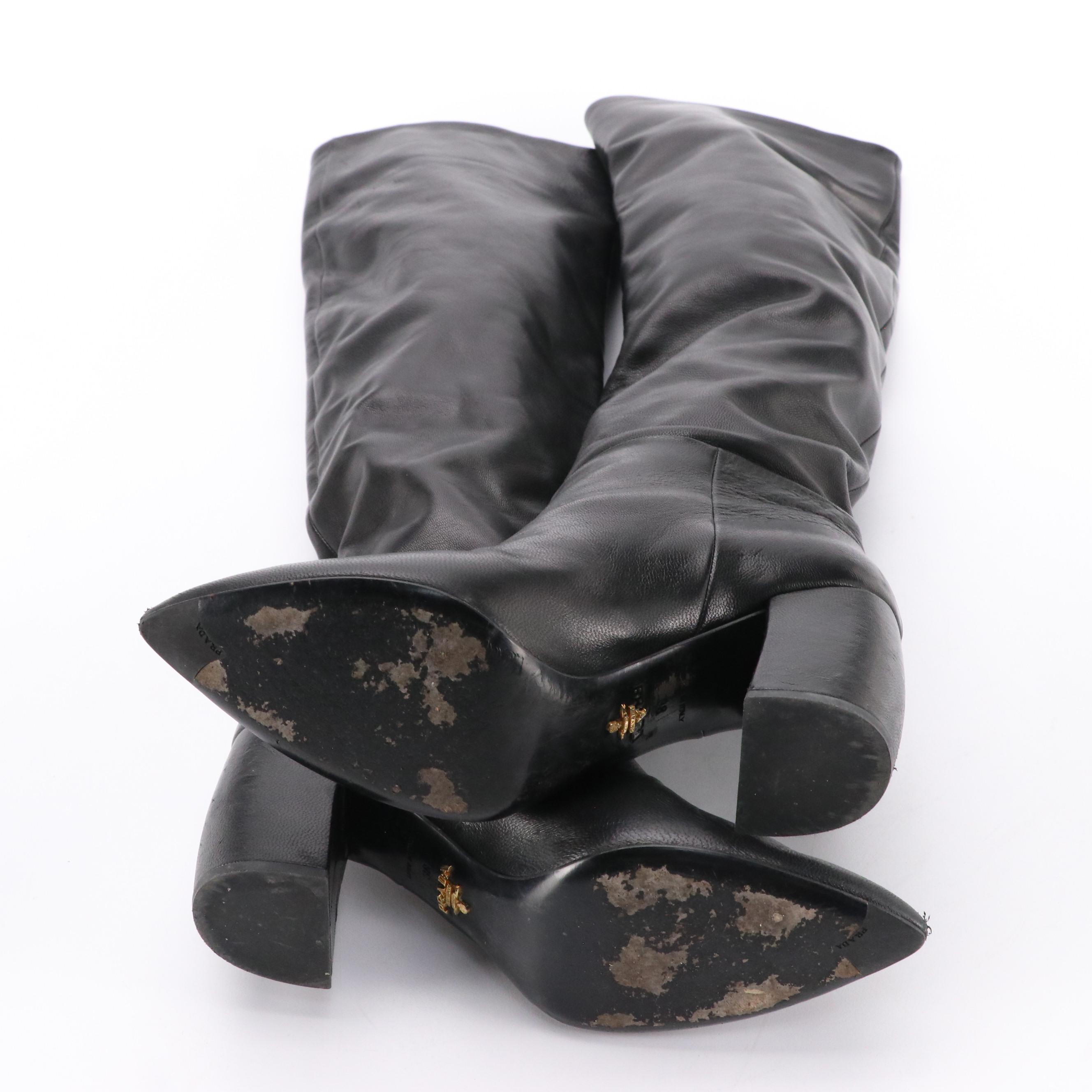 Prada Metallic Leather Knee-High Heeled Boots in Box