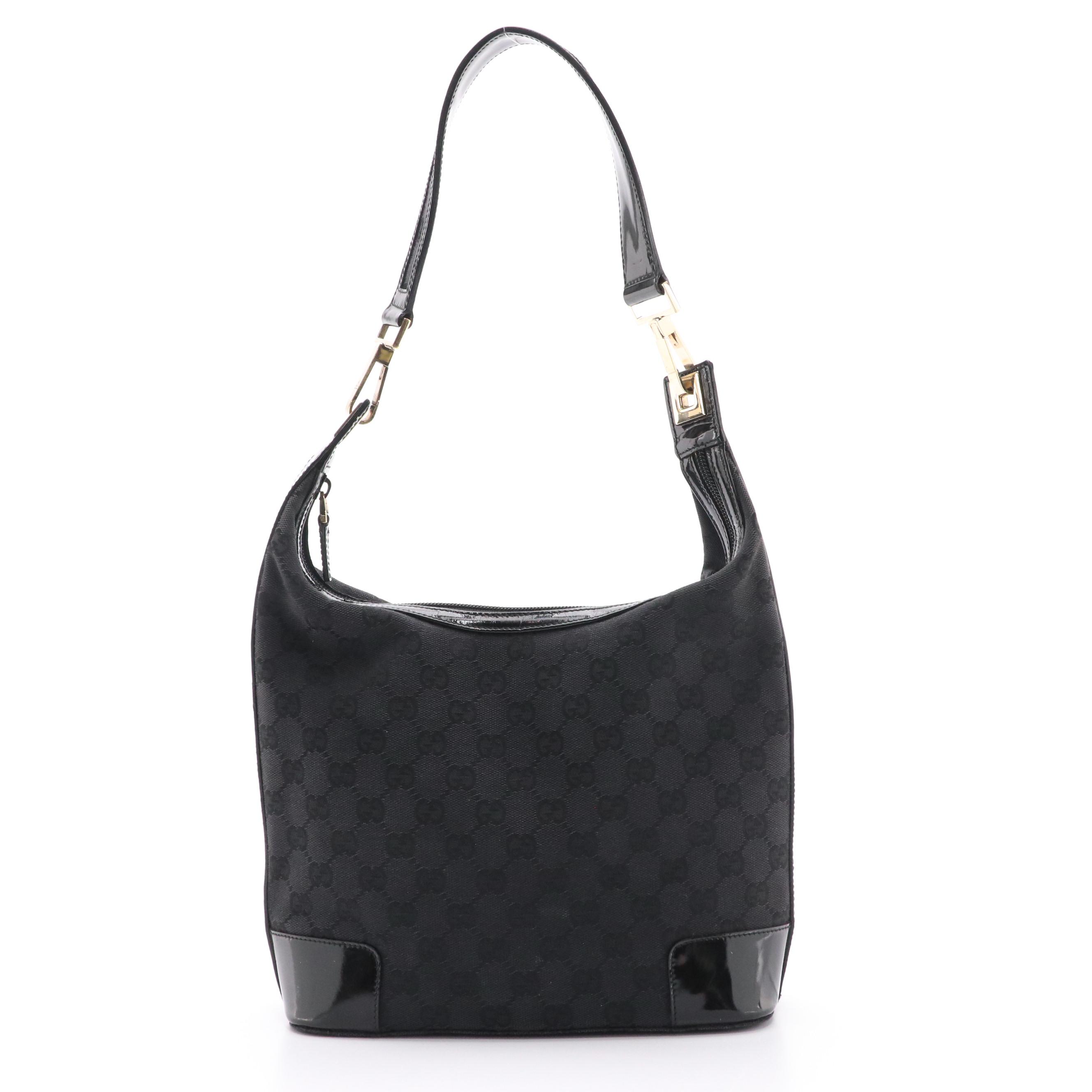 Gucci Black GG Canvas Hobo Shoulder Bag with Patent Leather Trim