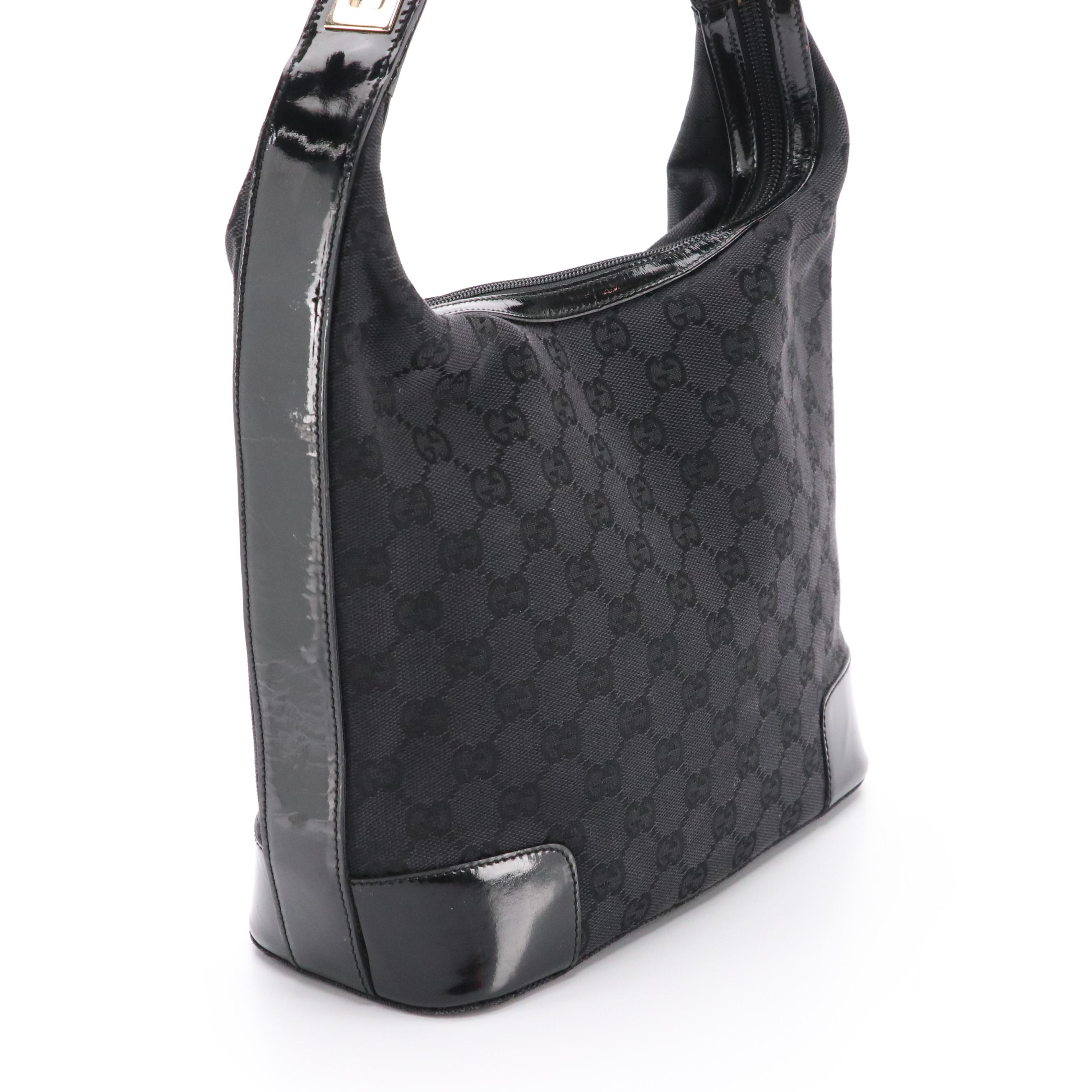 Gucci Black GG Canvas Hobo Shoulder Bag with Patent Leather Trim