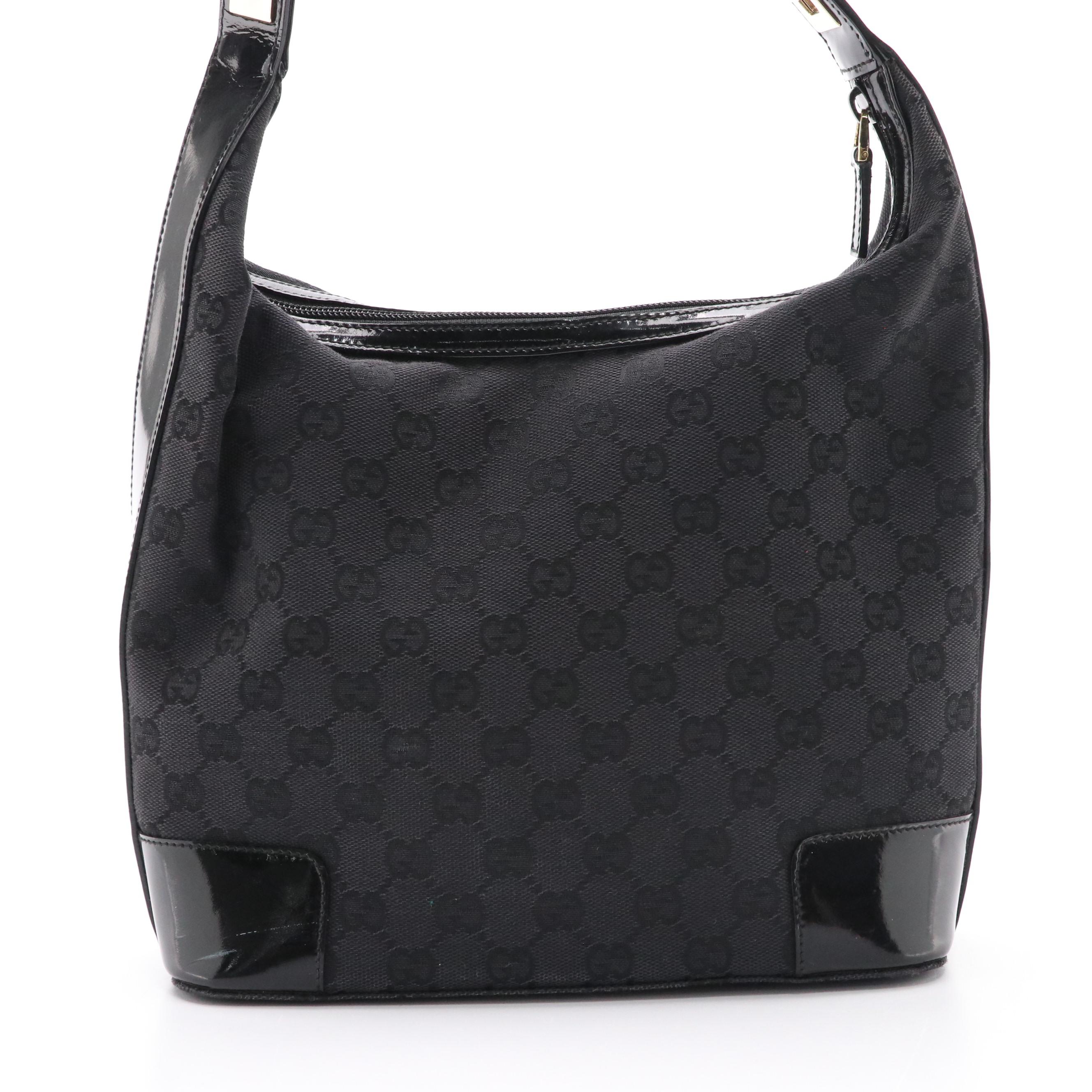 Gucci Black GG Canvas Hobo Shoulder Bag with Patent Leather Trim