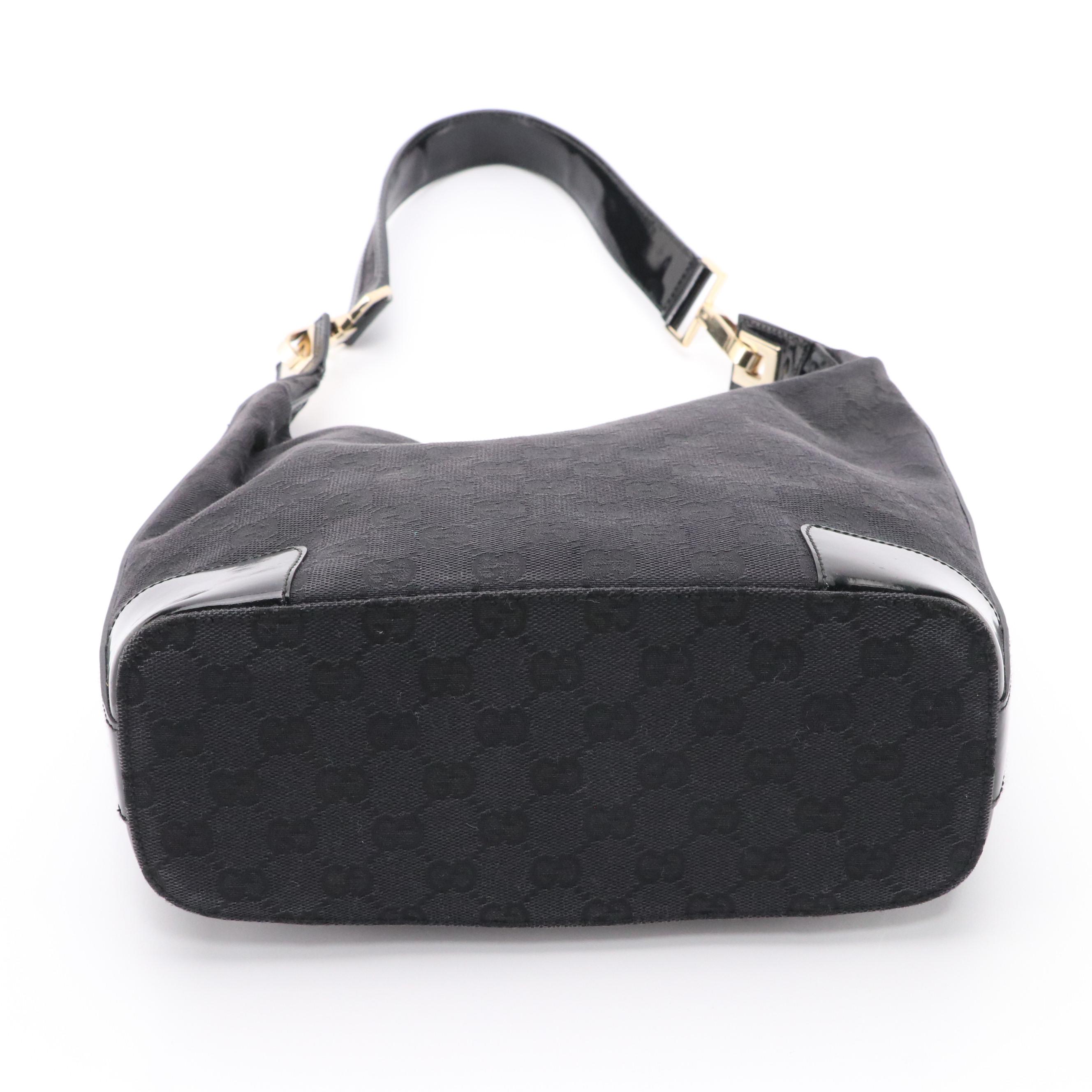 Gucci Black GG Canvas Hobo Shoulder Bag with Patent Leather Trim