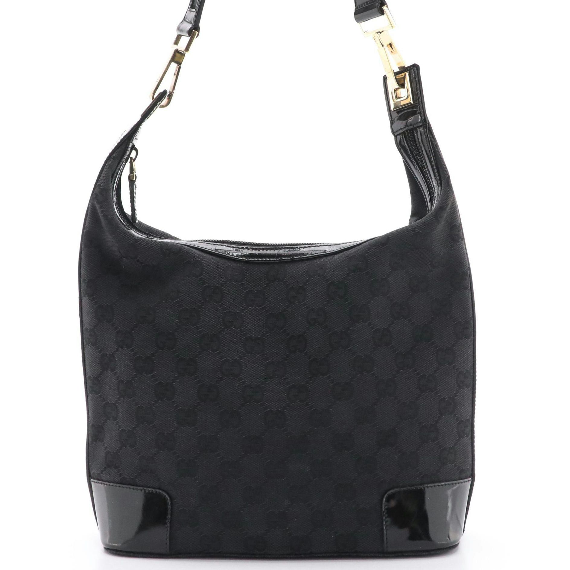 Gucci Black GG Canvas Hobo Shoulder Bag with Patent Leather Trim