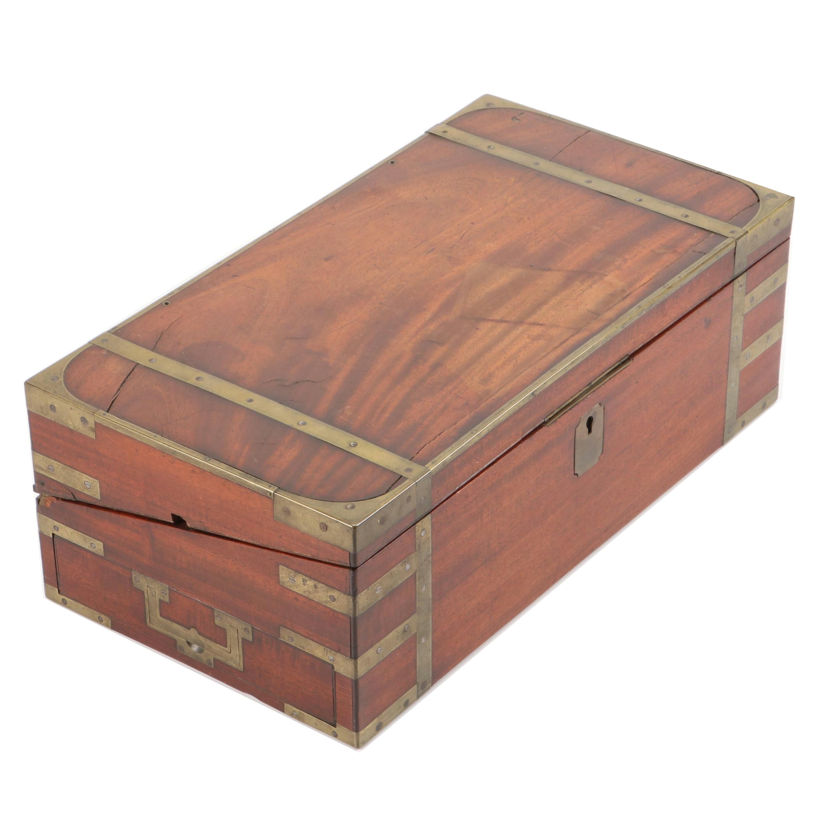 Victorian Inlaid Brass and Mahogany Travel Writing Slope Desk