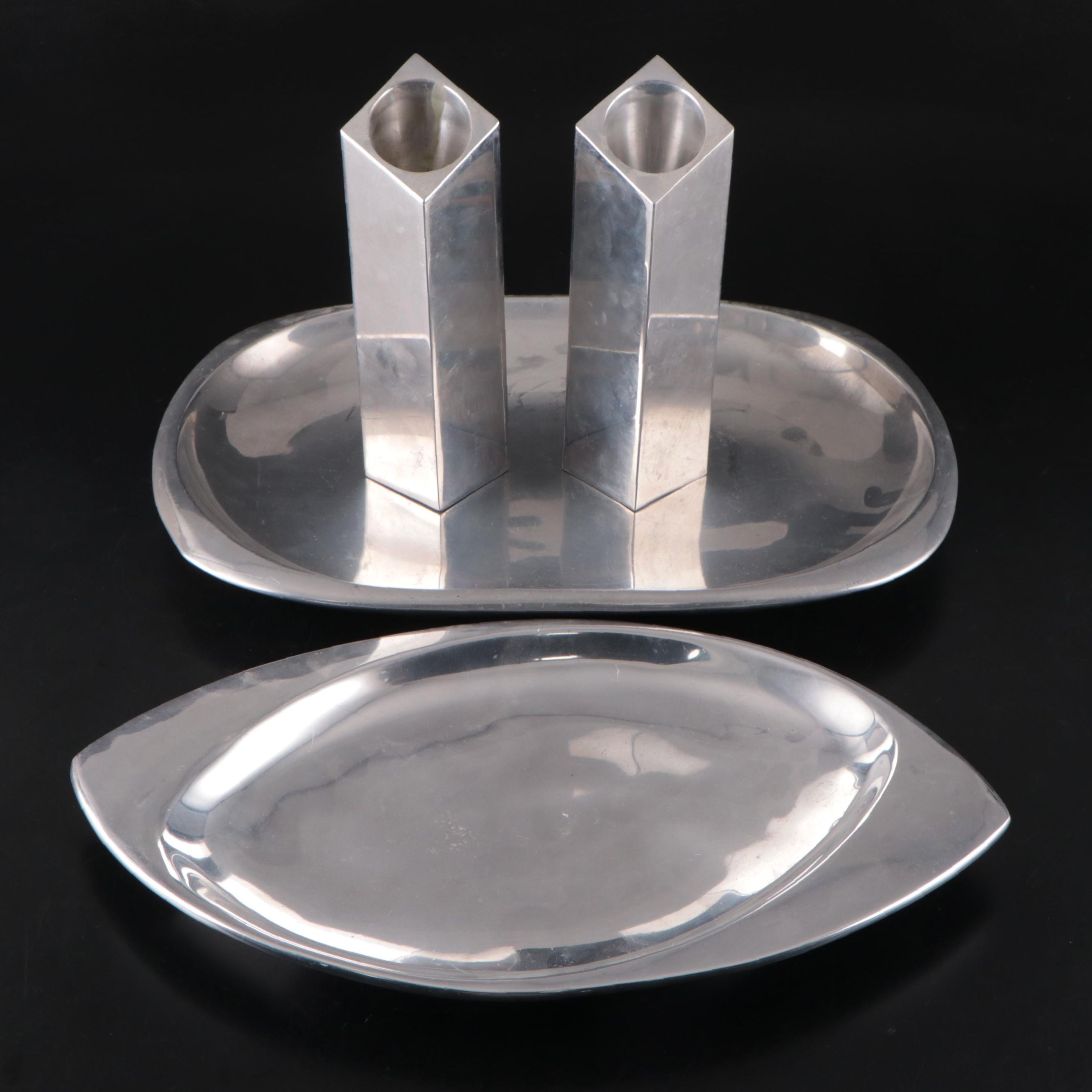 Nambé Aluminum Alloy Candlesticks and Trays, Late 20th Century
