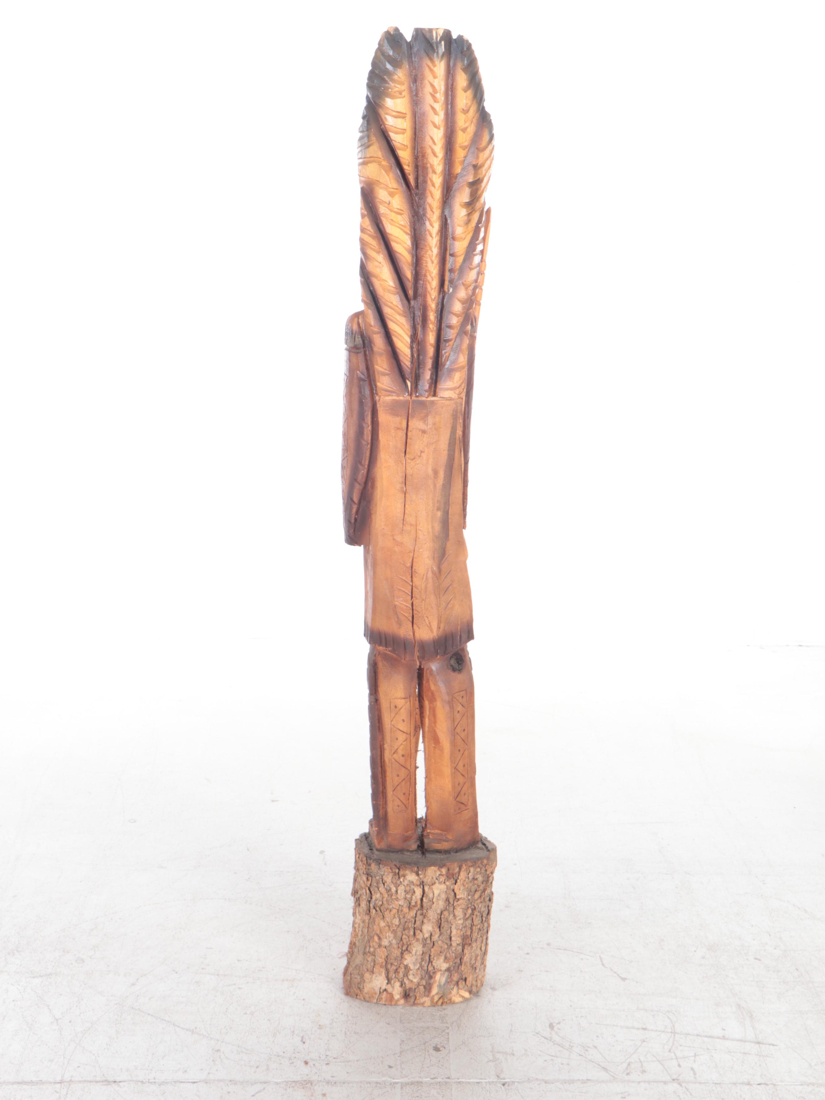 Large Cigar Store Style Wooden Chainsaw Sculpture of Indigenous Chief Figure