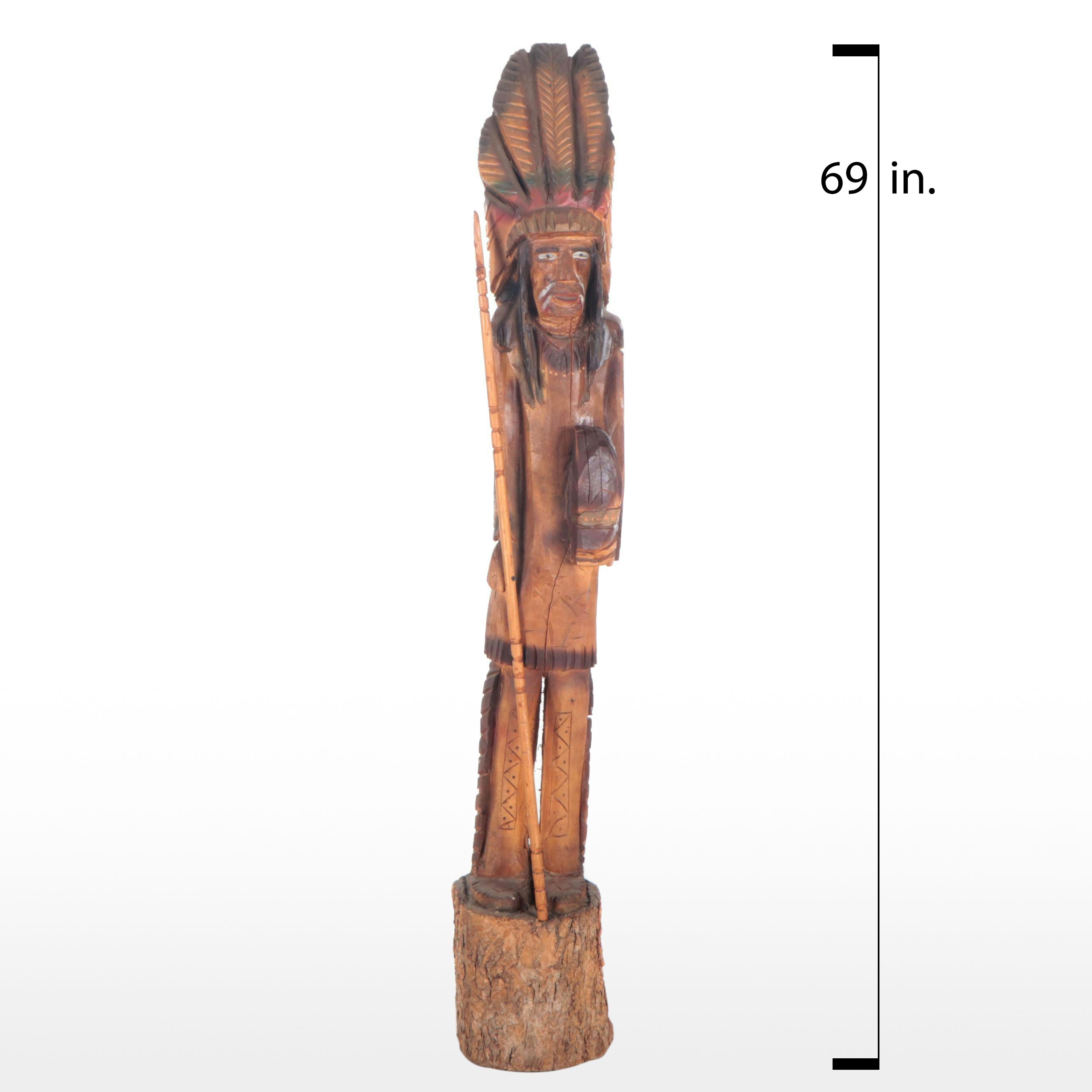 Large Cigar Store Style Wooden Chainsaw Sculpture of Indigenous Chief Figure