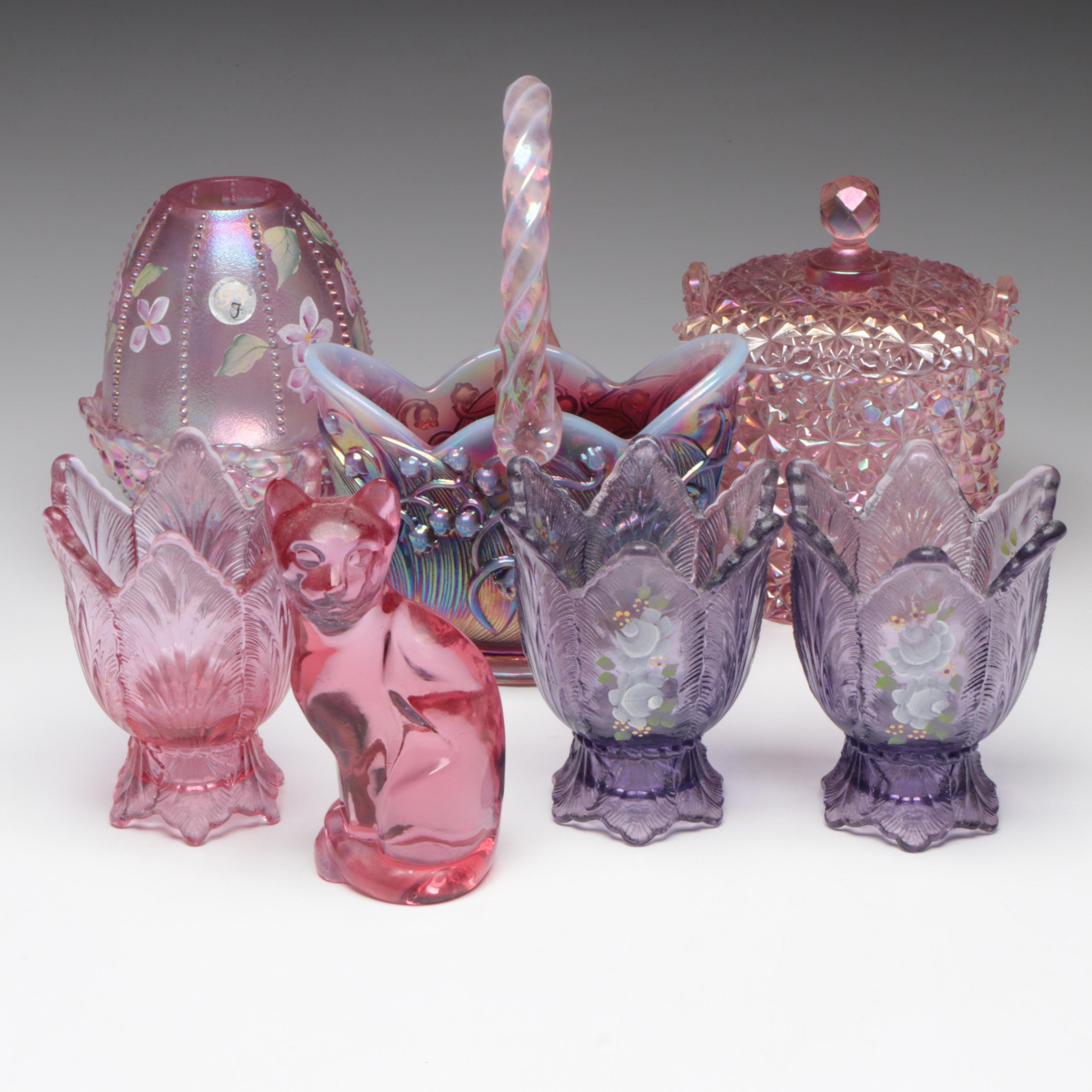 Fenton Iridescent Pink Fairy Lamp with Candy Jar, Votive Holders and More