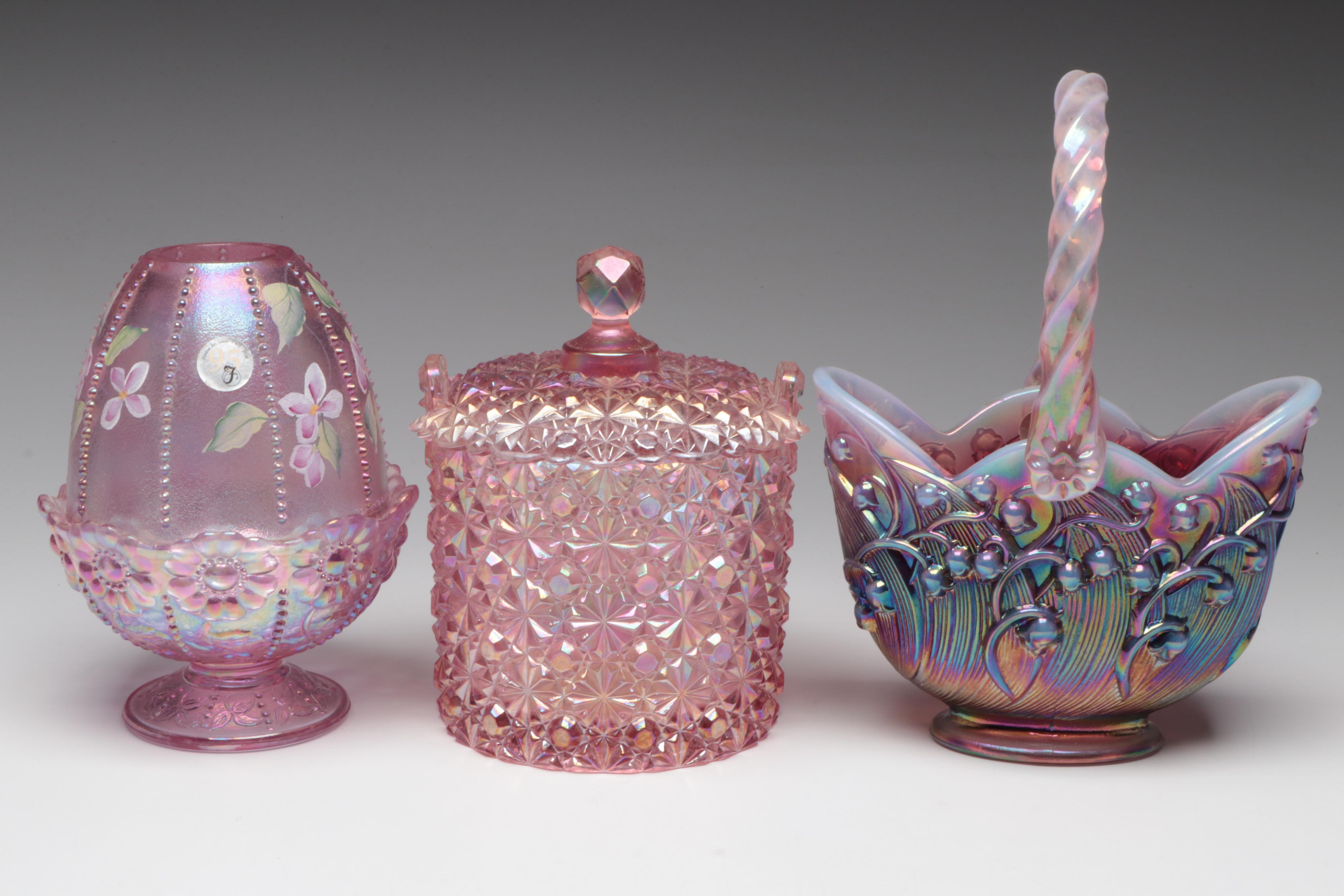 Fenton Iridescent Pink Fairy Lamp with Candy Jar, Votive Holders and More