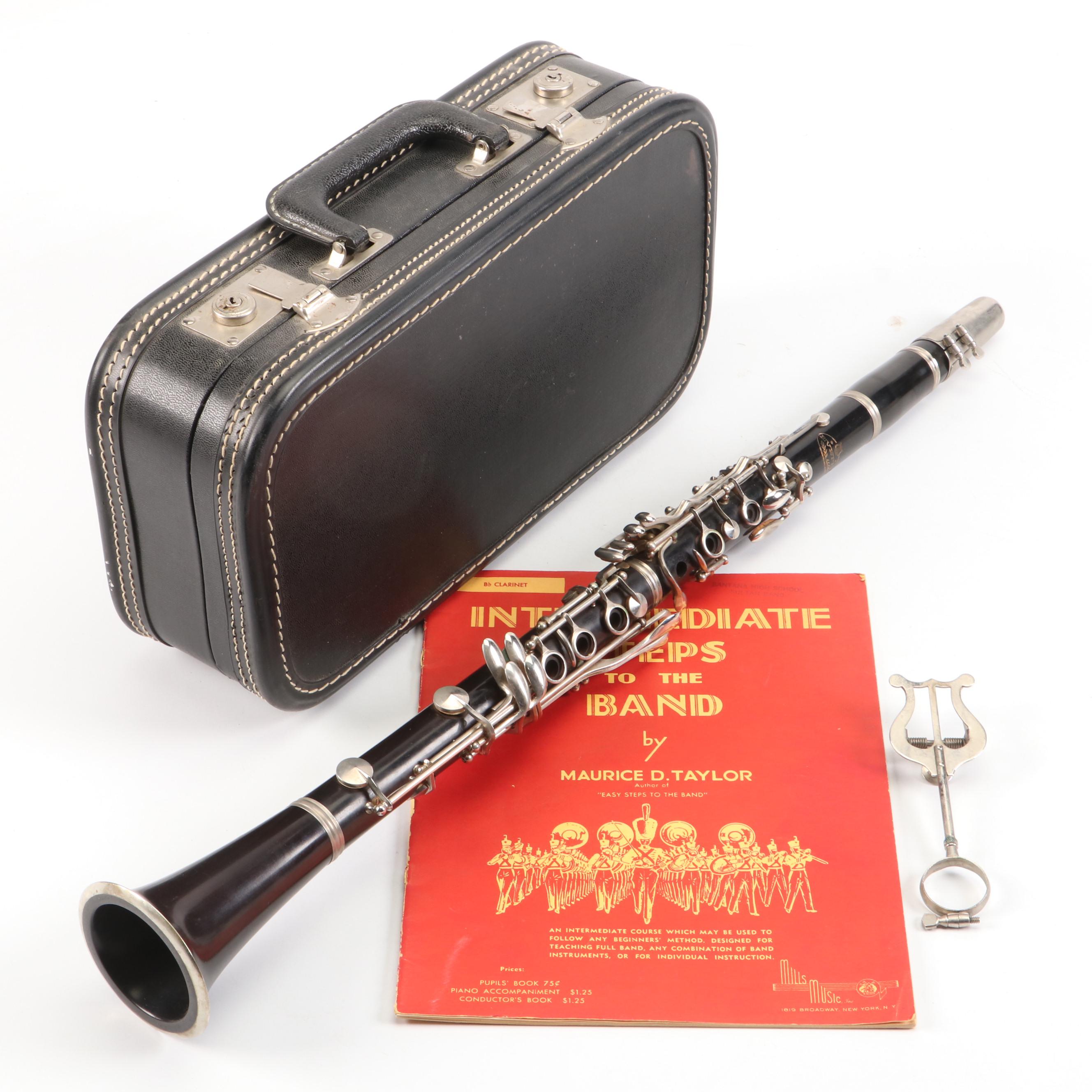 Evette Grenadilla Wood Clarinet With Faux Leather Hardside Case, Music Book