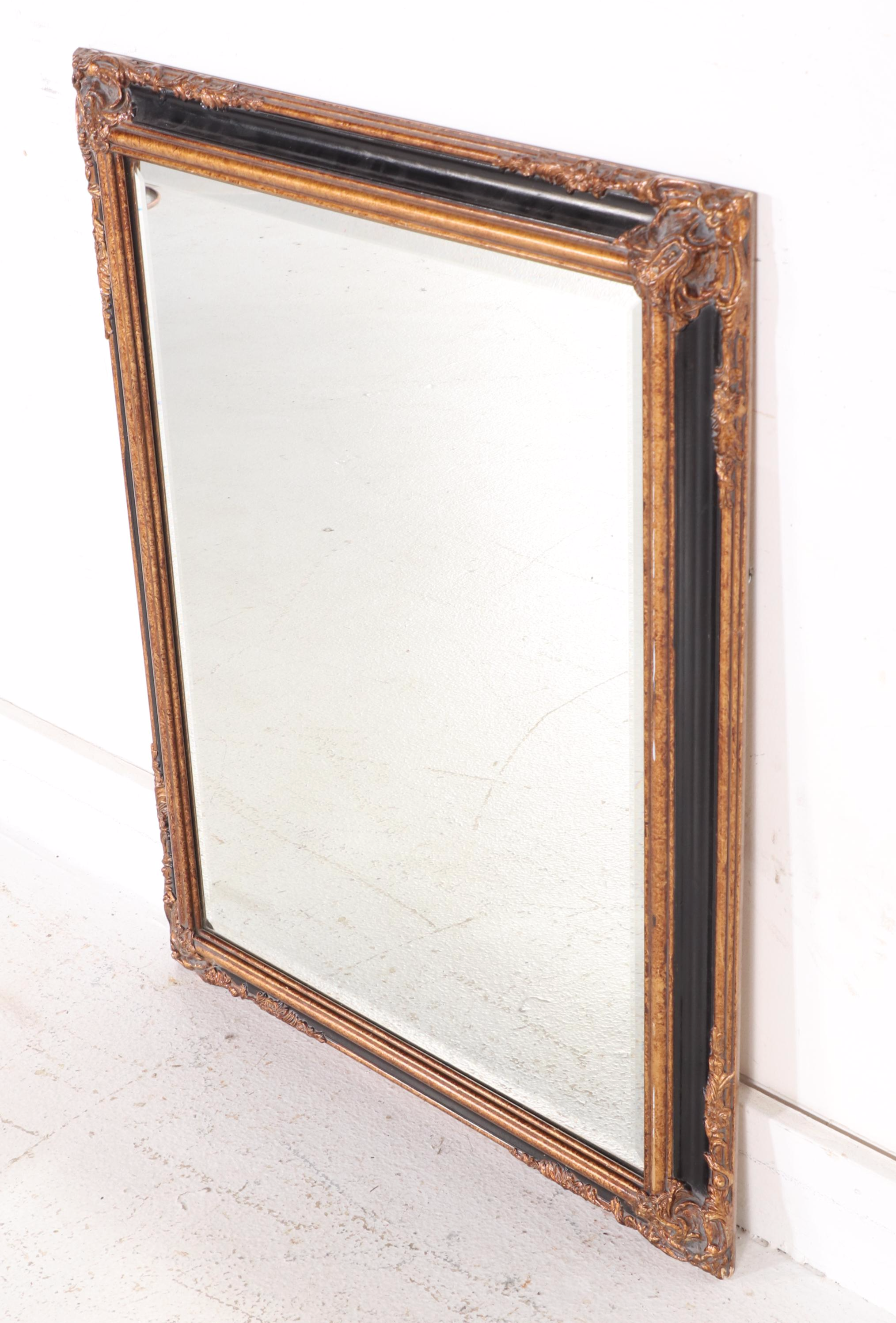 Regency Style Giltwood and Gesso with Ebonized Wood Wall Mirror, Vintage