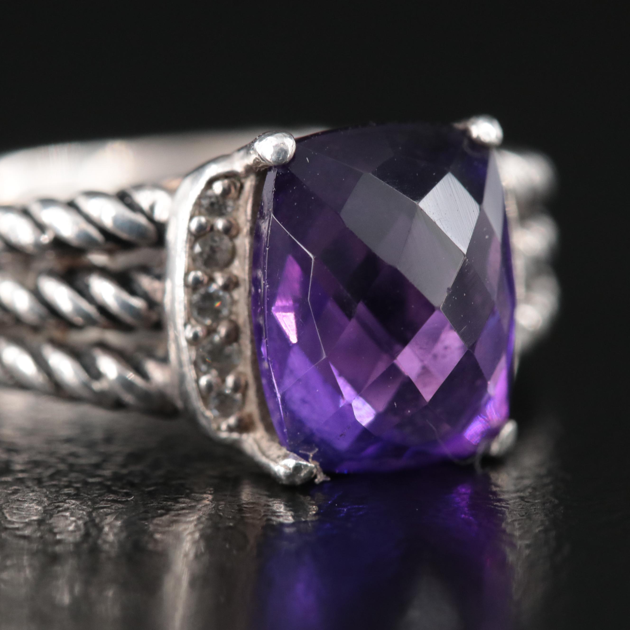David Yurman Petite Wheaton Sterling Amethyst and Diamond Ring