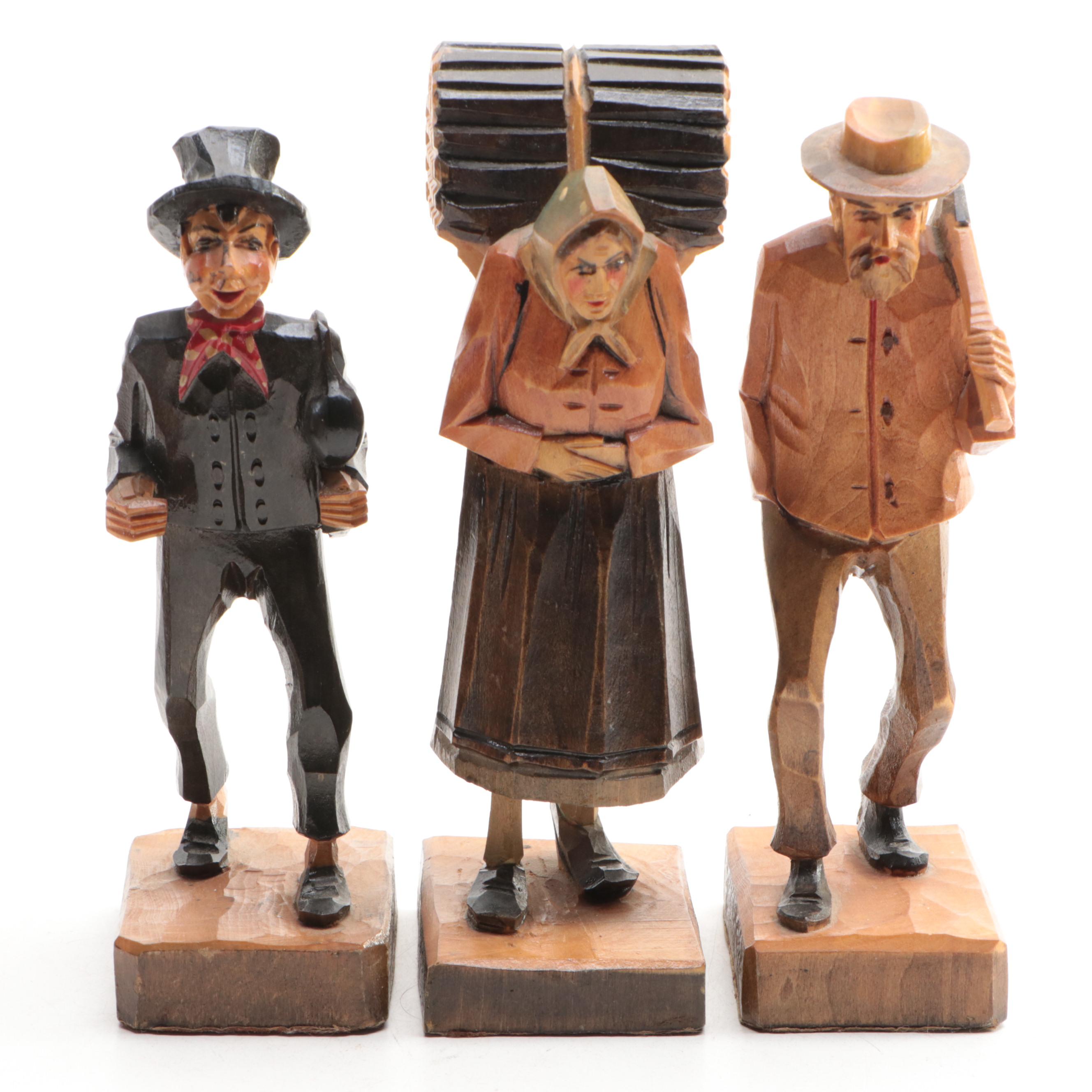 German Style Folk Art Carved Wood Figurines and Bookends