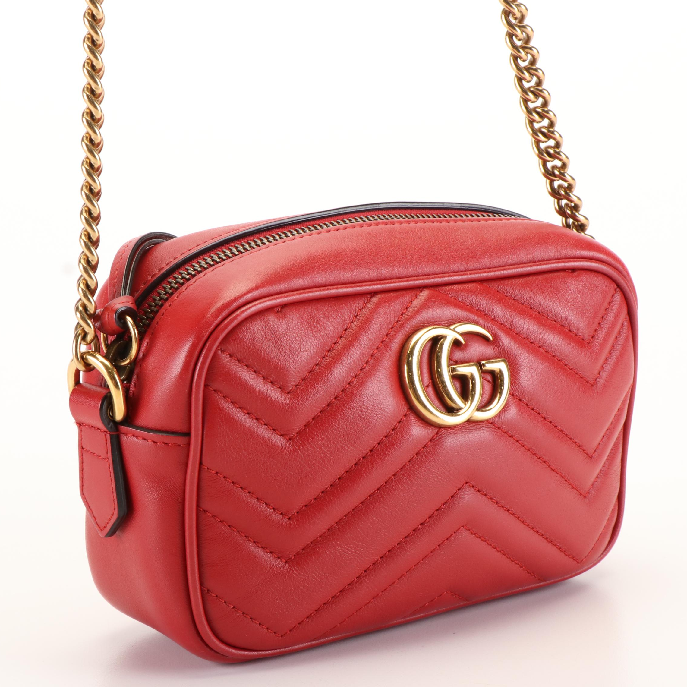 Gucci Red Calfskin Leather Marmont Matelasse Shoulder Bag