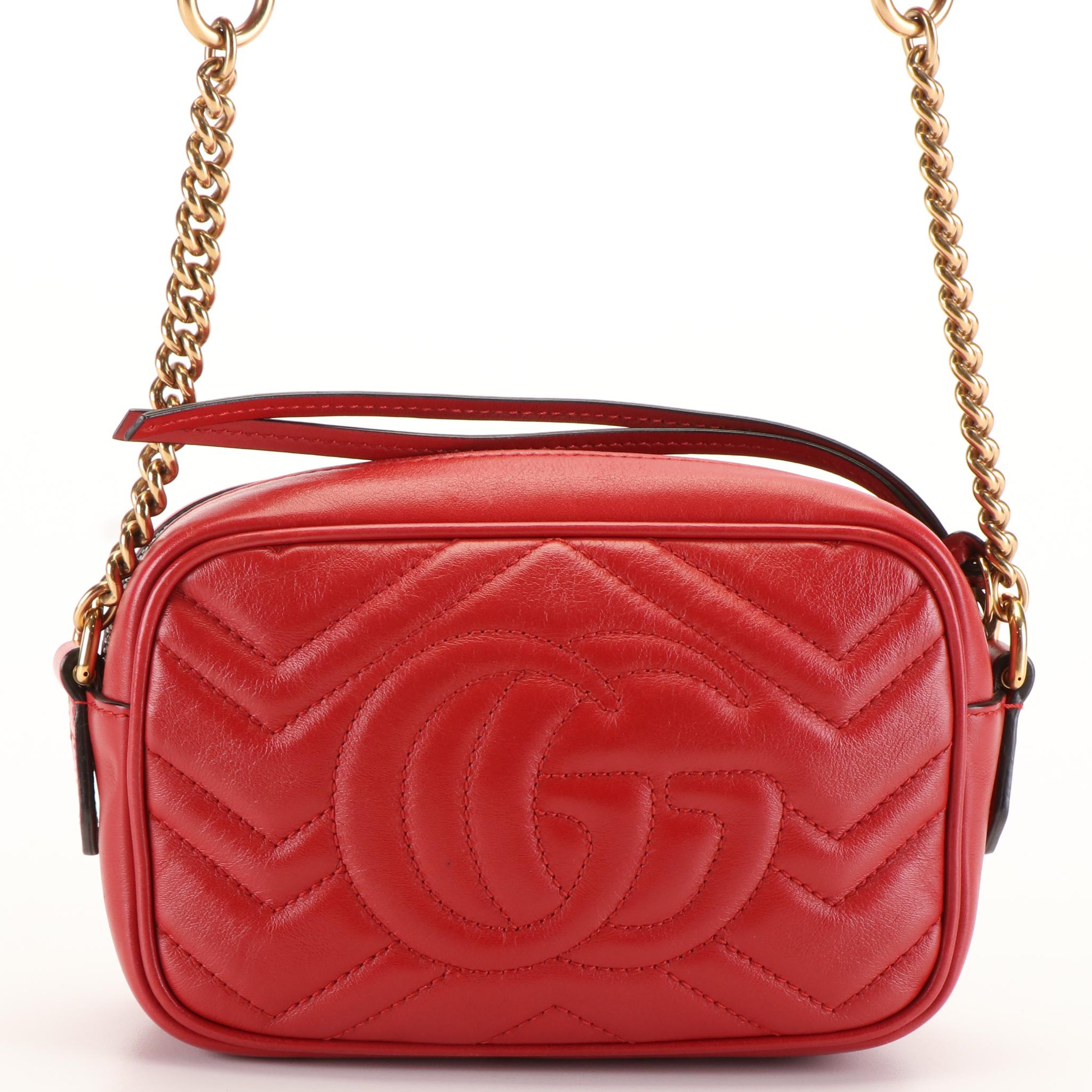 Gucci Red Calfskin Leather Marmont Matelasse Shoulder Bag