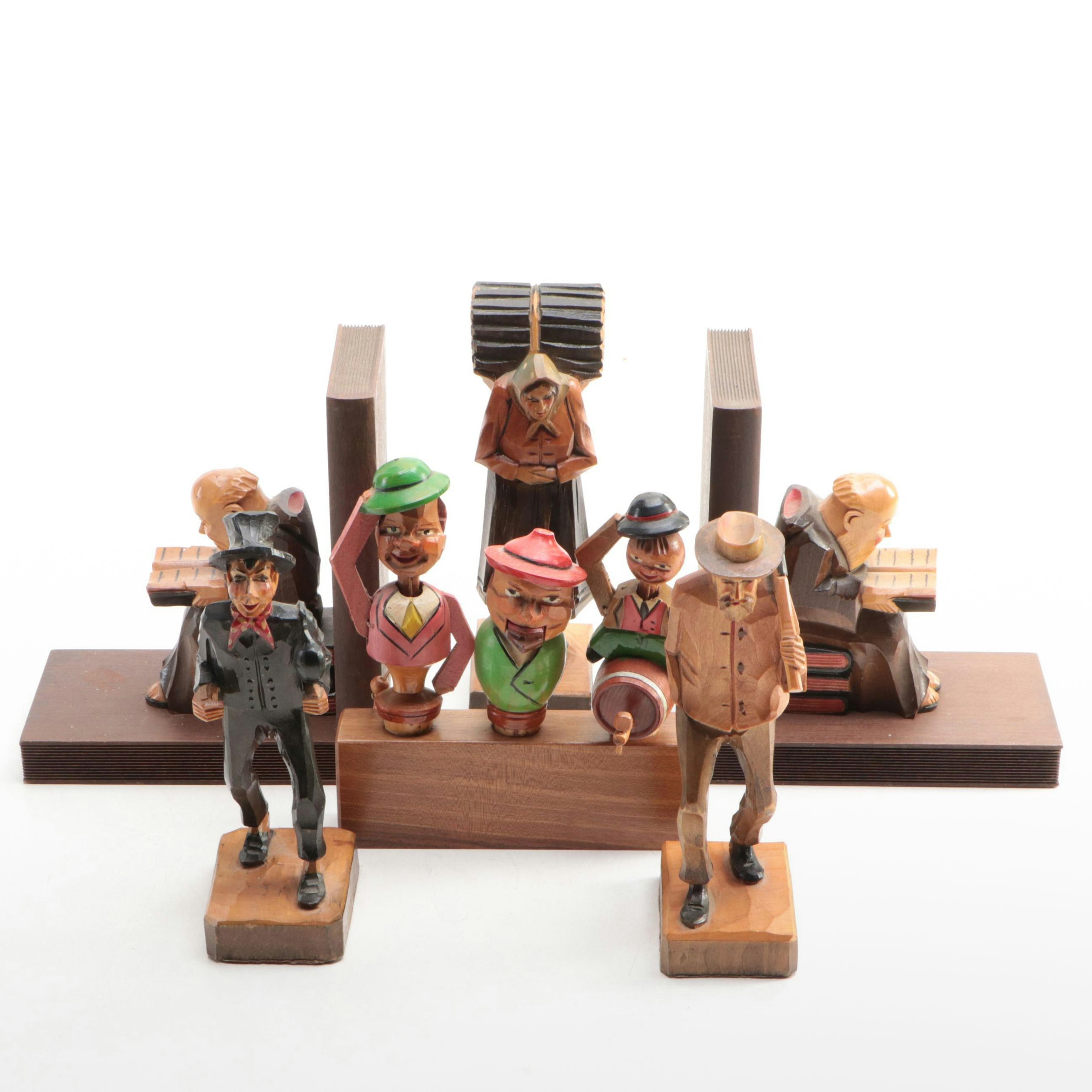 German Style Folk Art Carved Wood Figurines and Bookends