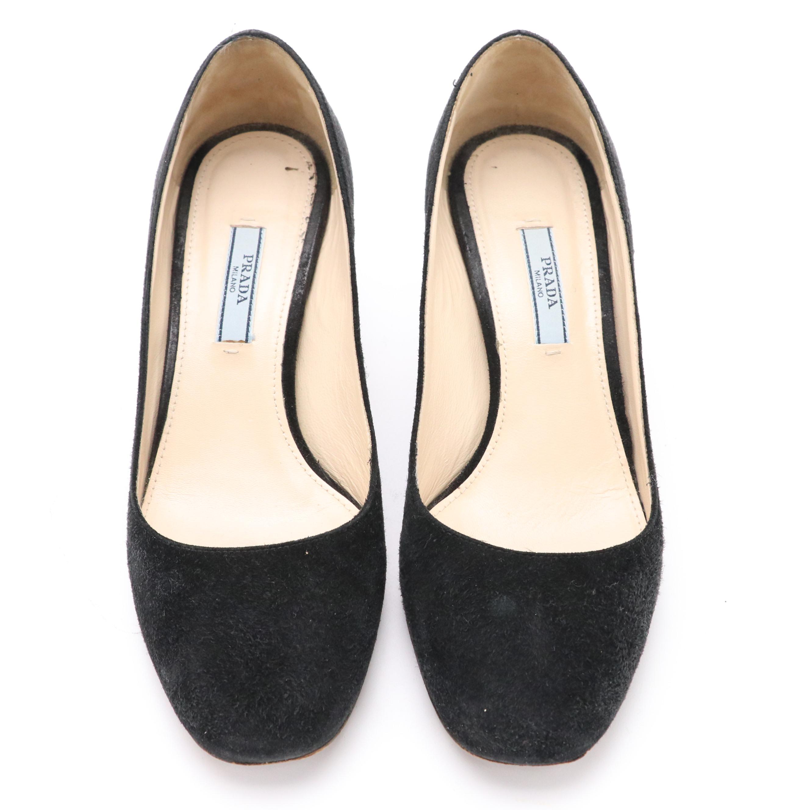 Prada Round-Toe Metallic Accent Block Heel Pumps in Black Suede