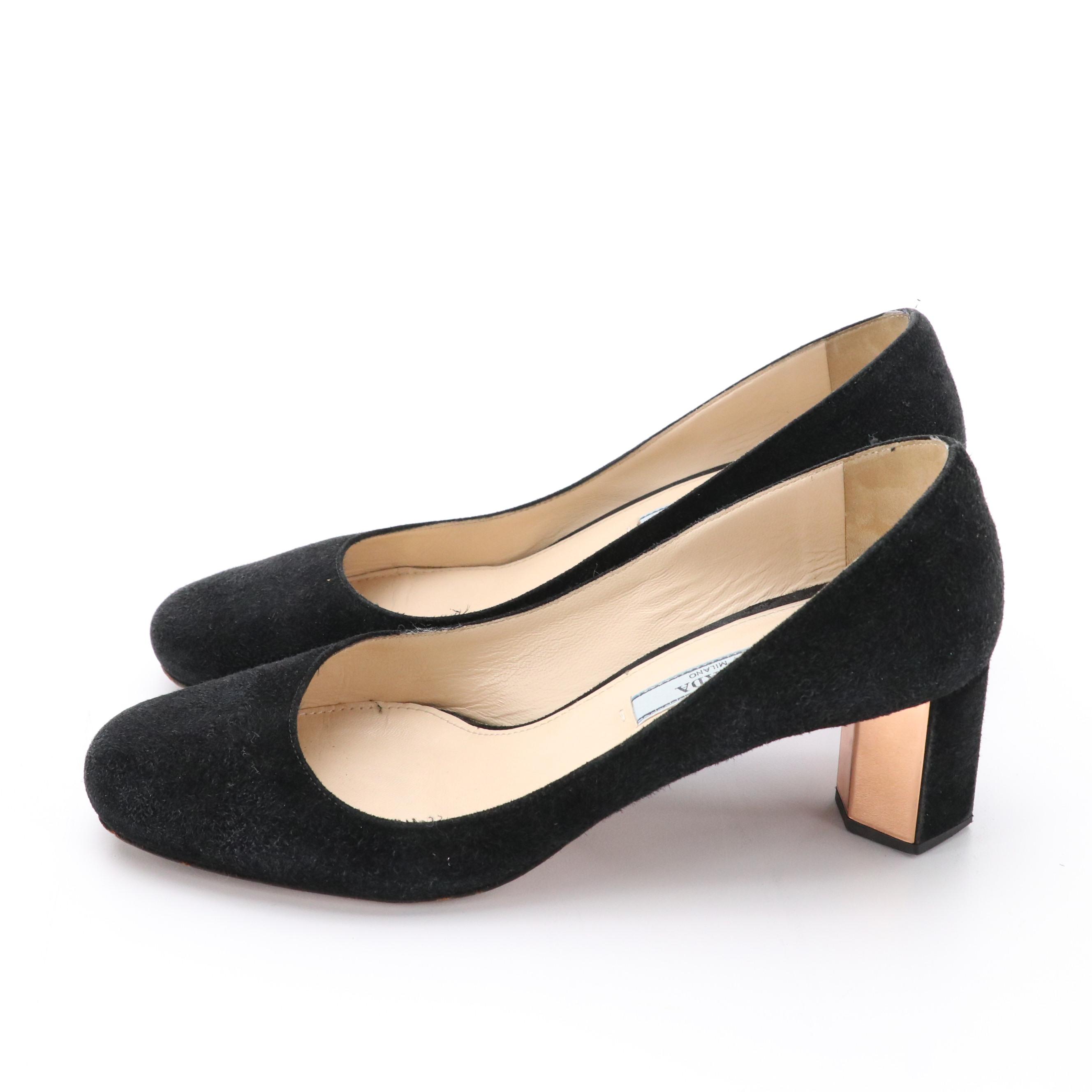Prada Round-Toe Metallic Accent Block Heel Pumps in Black Suede