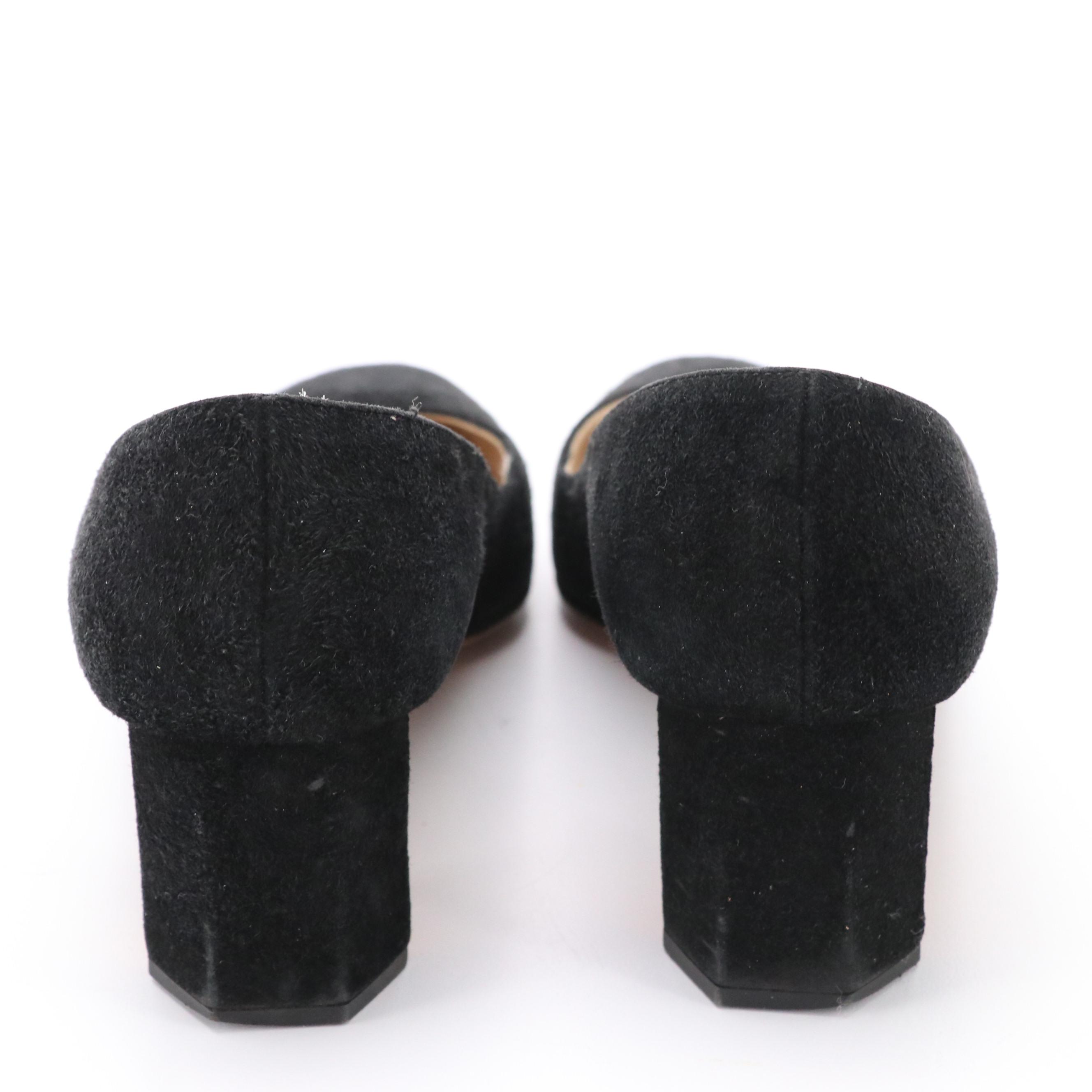 Prada Round-Toe Metallic Accent Block Heel Pumps in Black Suede