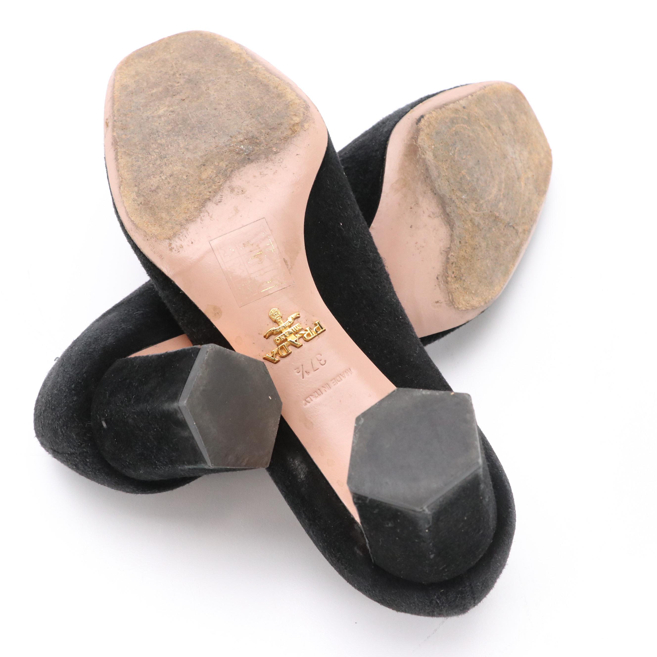 Prada Round-Toe Metallic Accent Block Heel Pumps in Black Suede