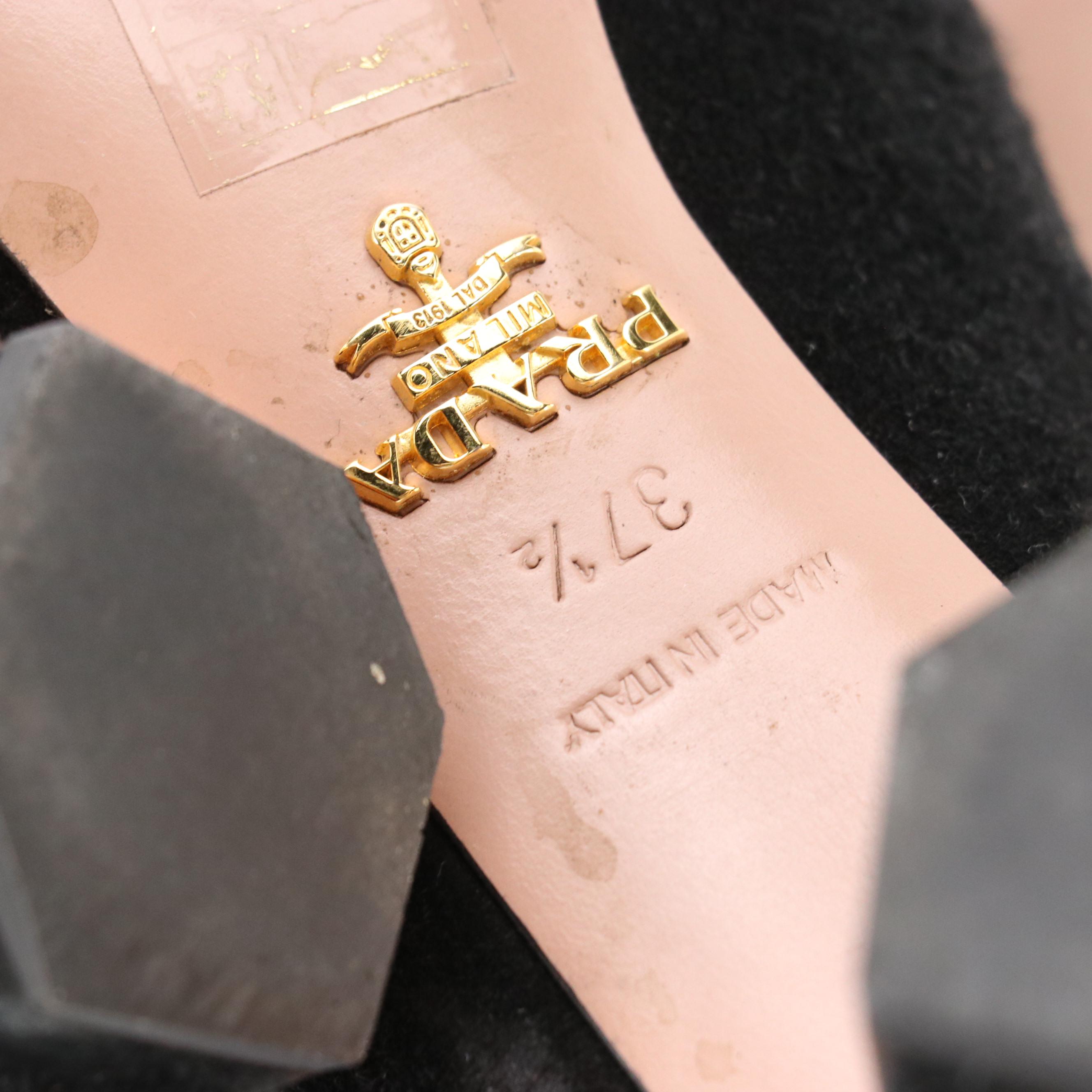 Prada Round-Toe Metallic Accent Block Heel Pumps in Black Suede