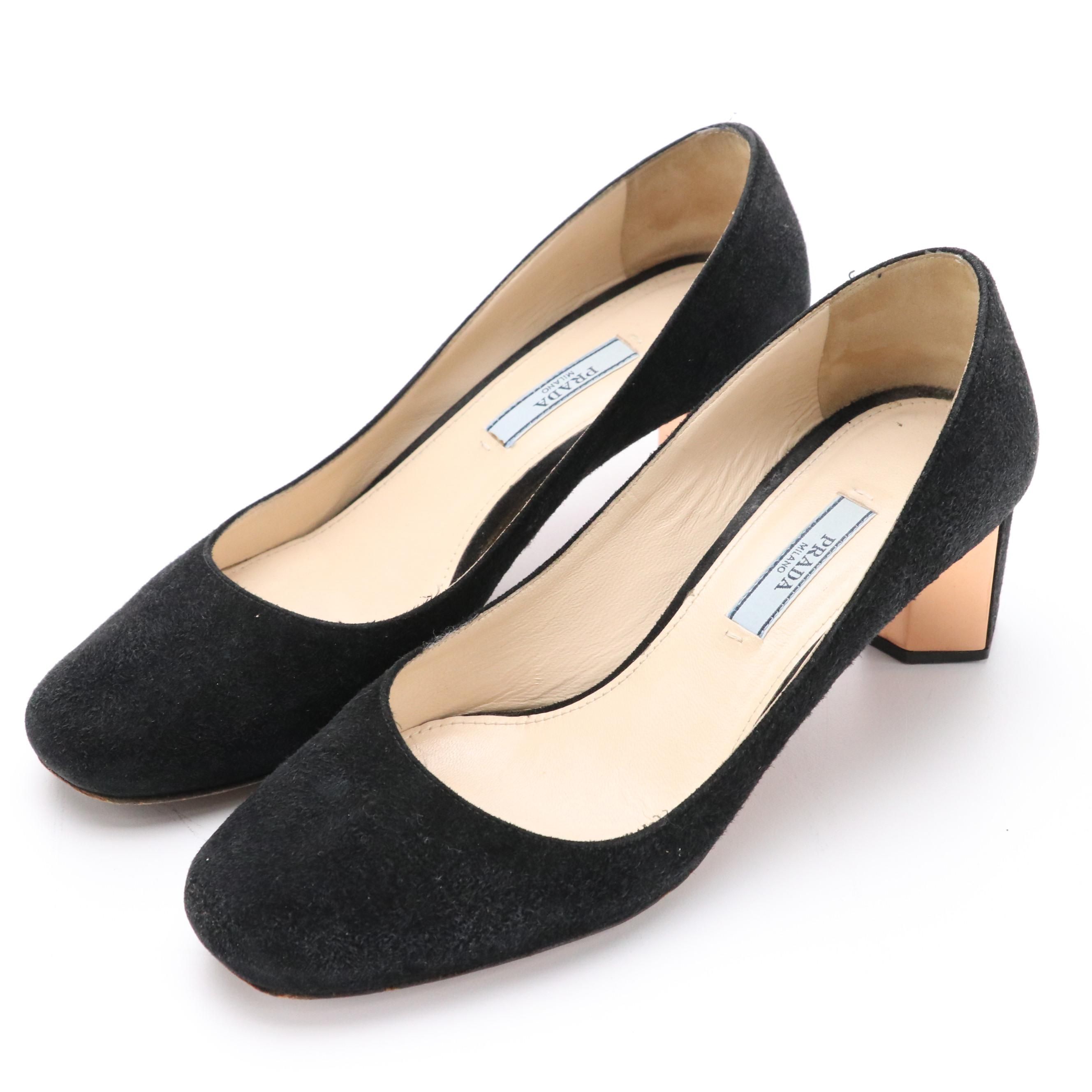 Prada Round-Toe Metallic Accent Block Heel Pumps in Black Suede