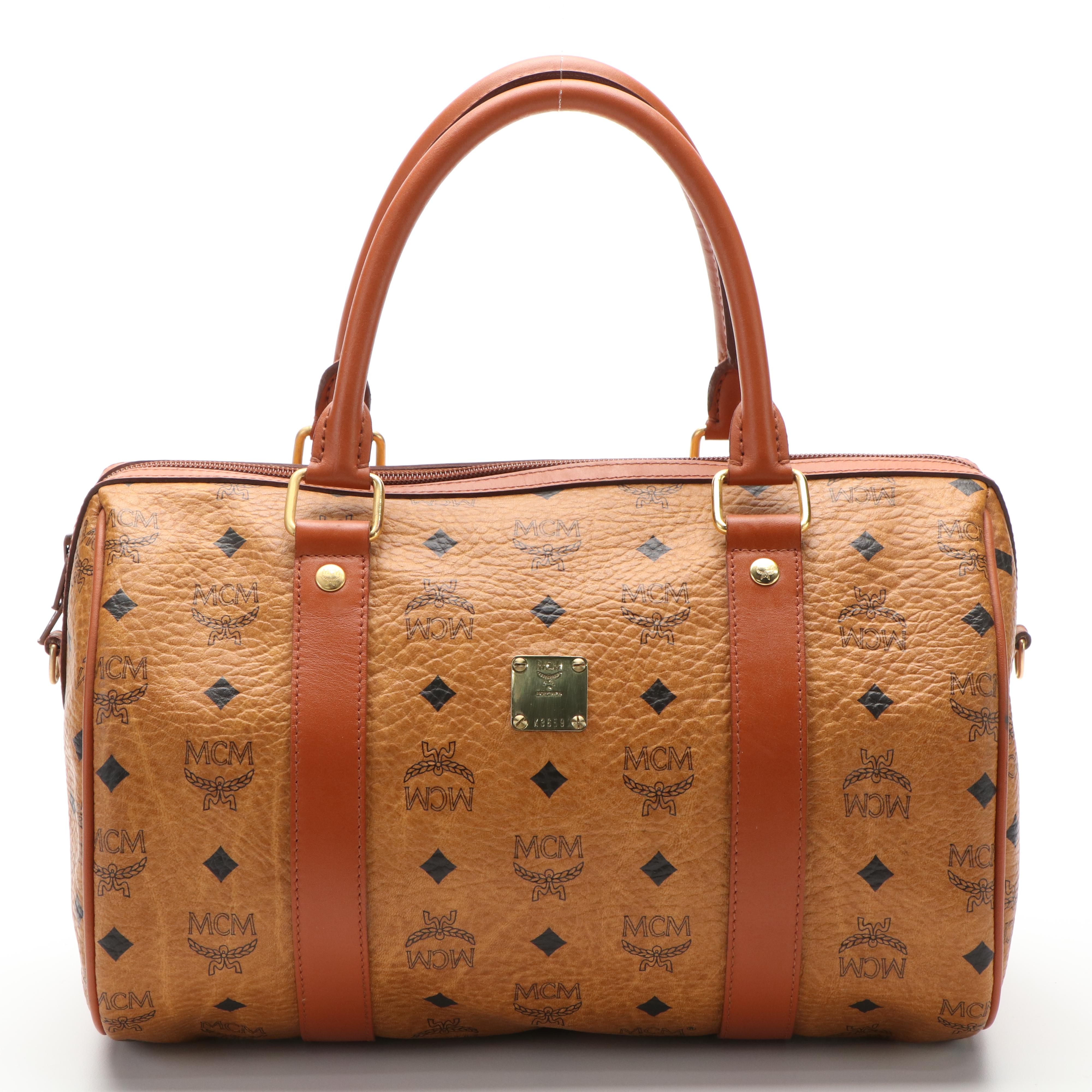 MCM Brown Leather Visetos Boston Handbag