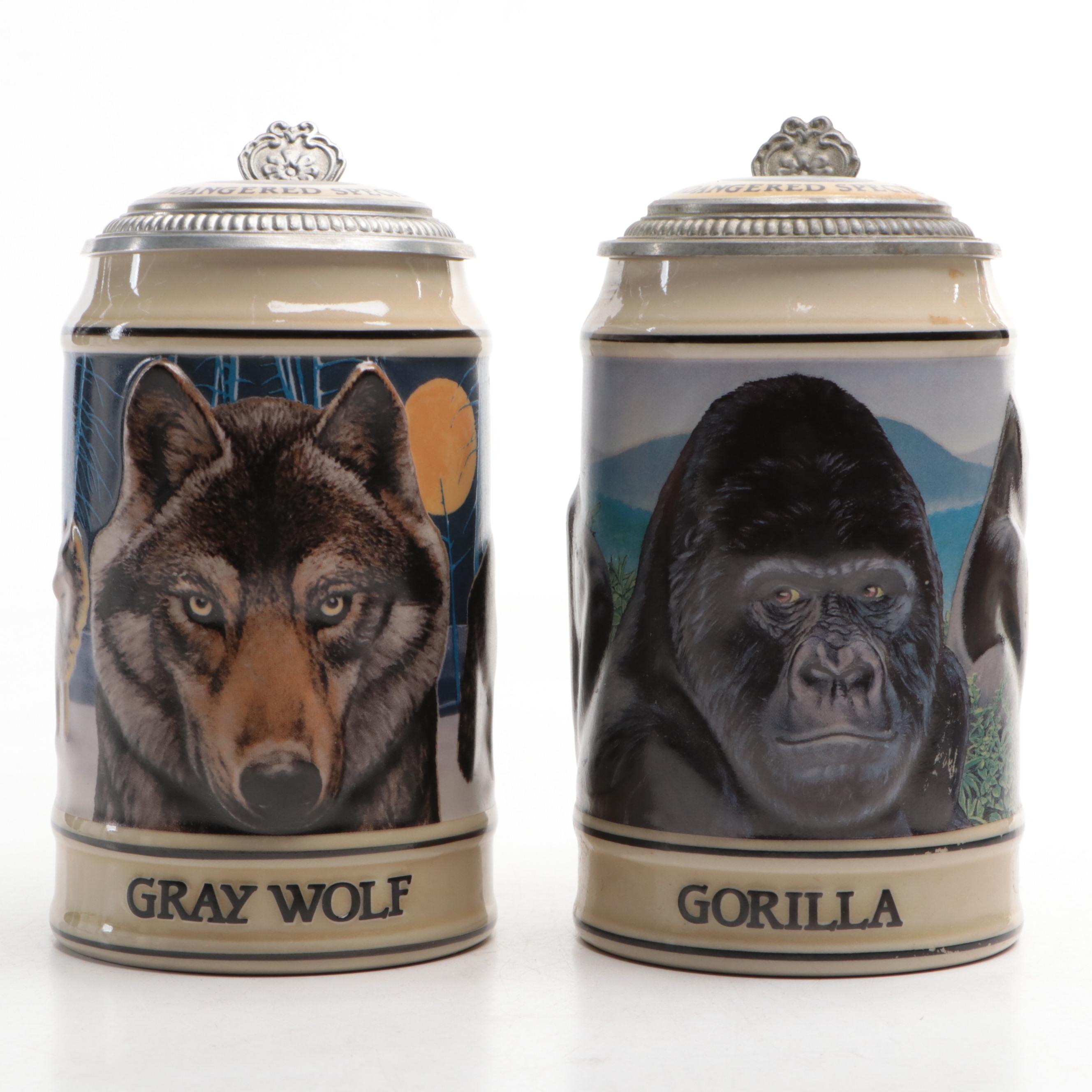 Budweiser "Endangered Species" Ceramic Beer Steins, 1990s