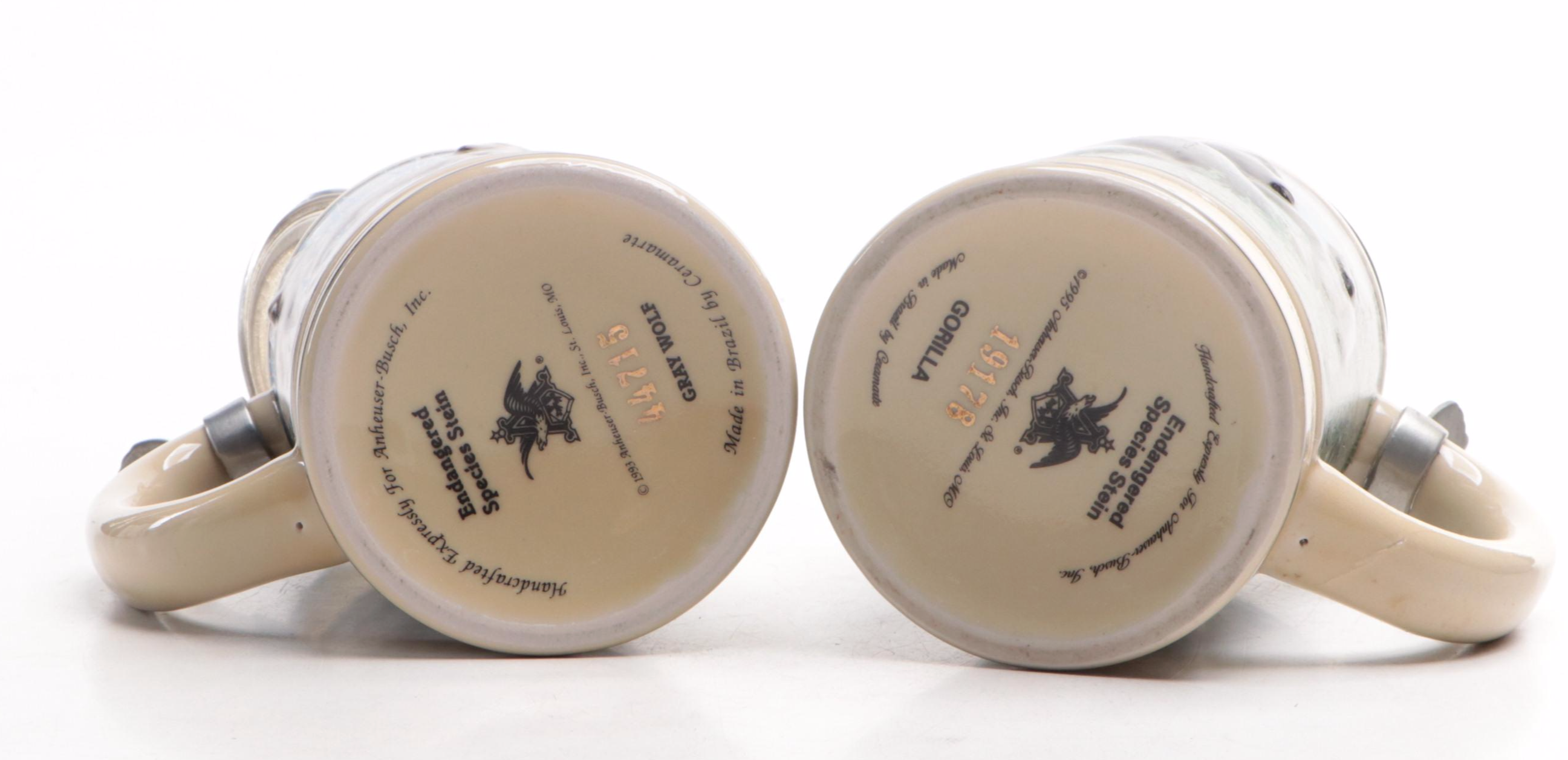 Budweiser "Endangered Species" Ceramic Beer Steins, 1990s