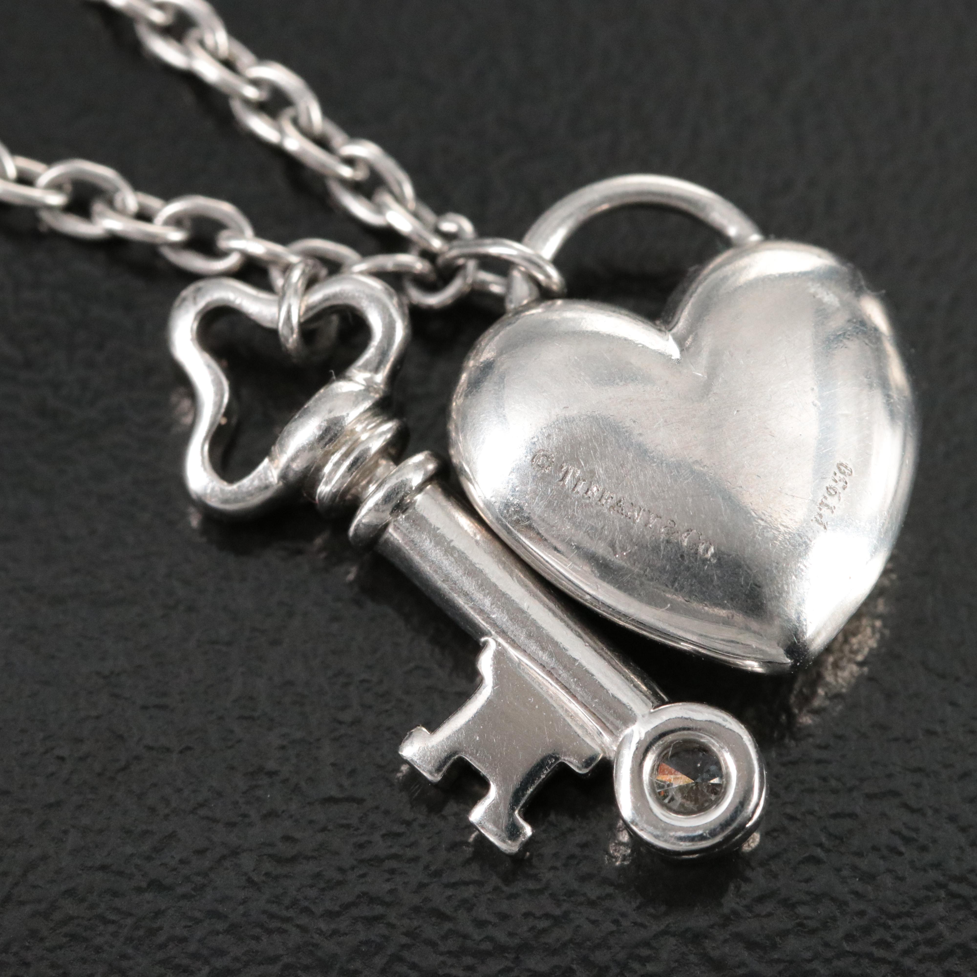 Tiffany & Co. Platinum and Diamond Heart Padlock and Key Necklace