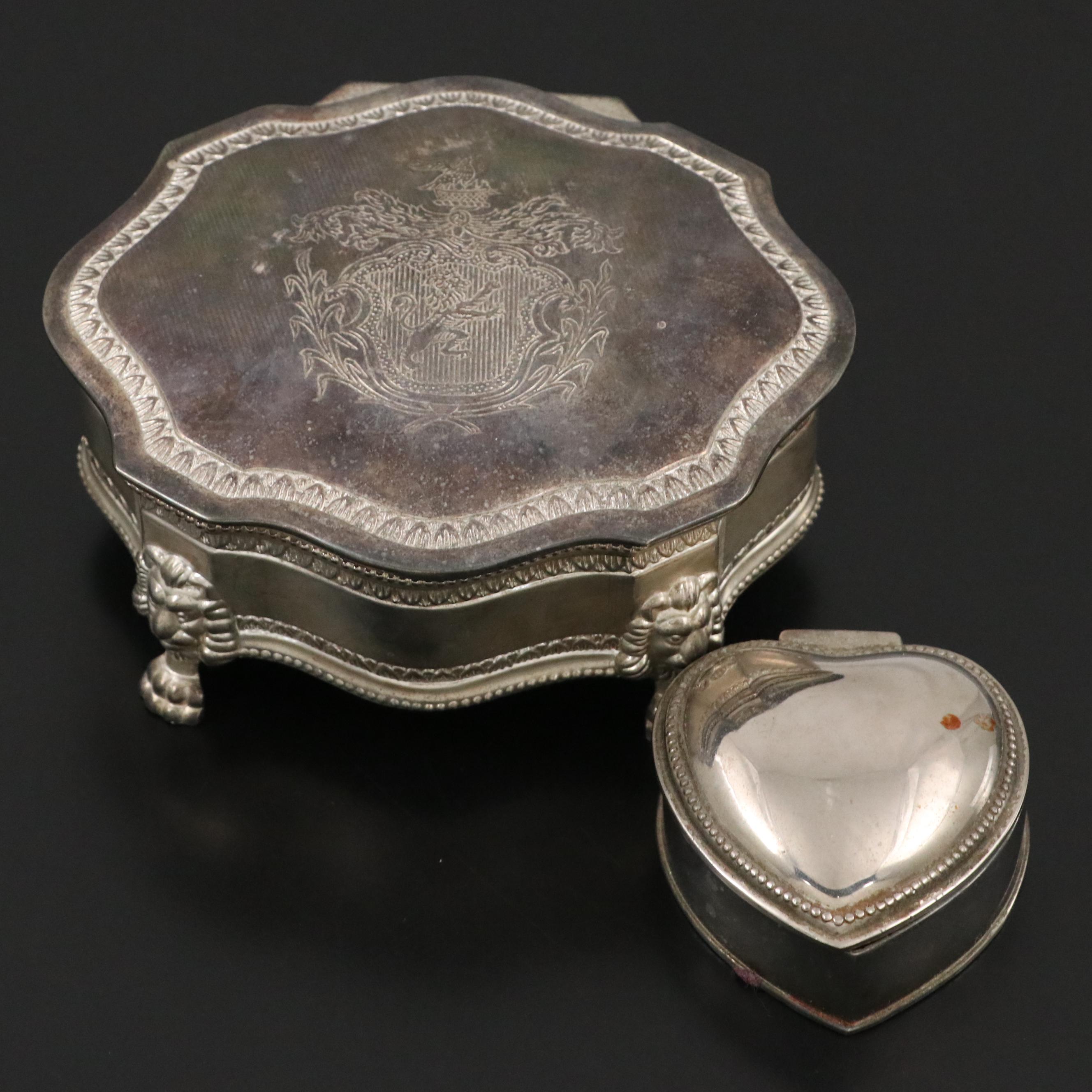 Silver Plate Footed Jewelry Box with Heraldic Style Motif and Heart Shaped Box