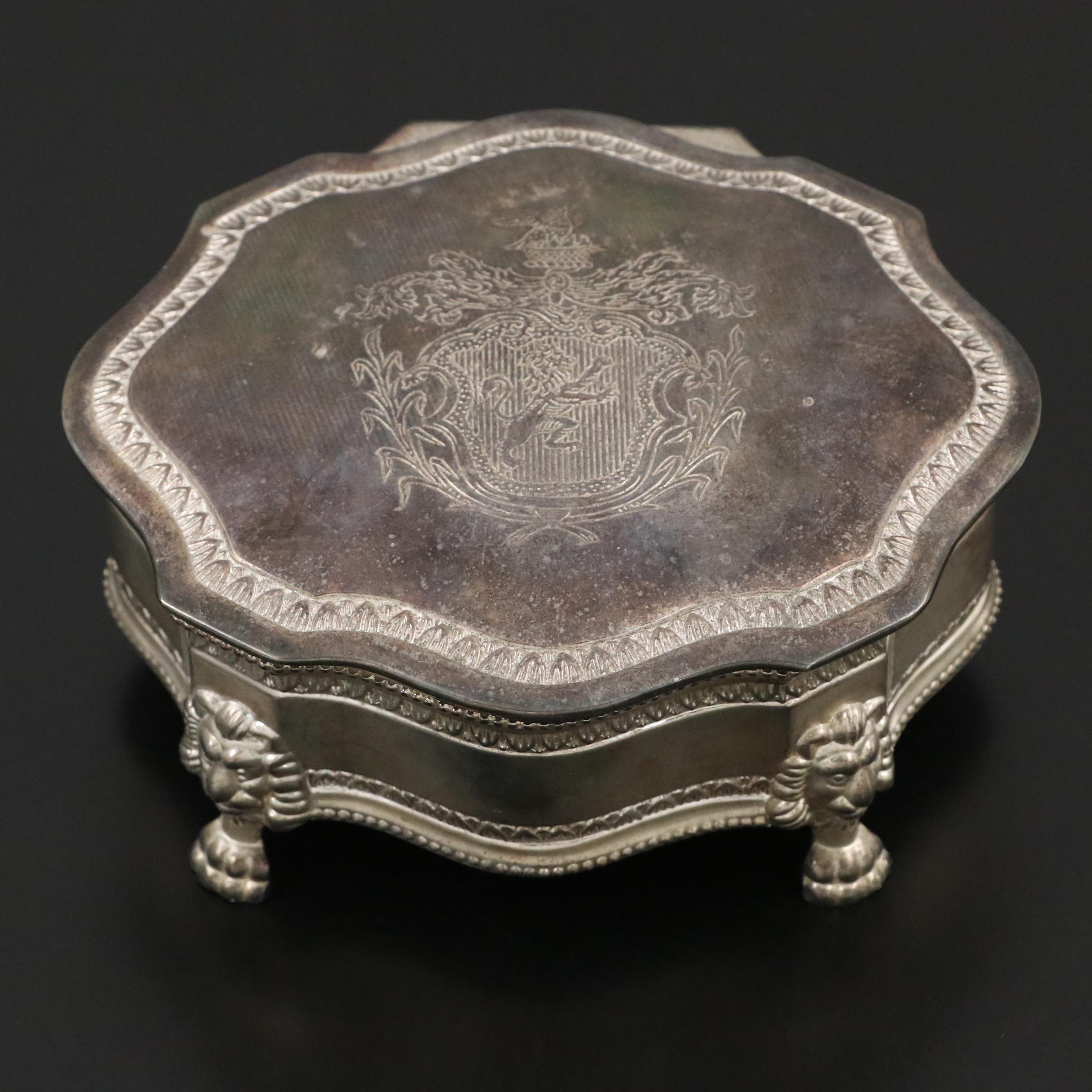 Silver Plate Footed Jewelry Box with Heraldic Style Motif and Heart Shaped Box