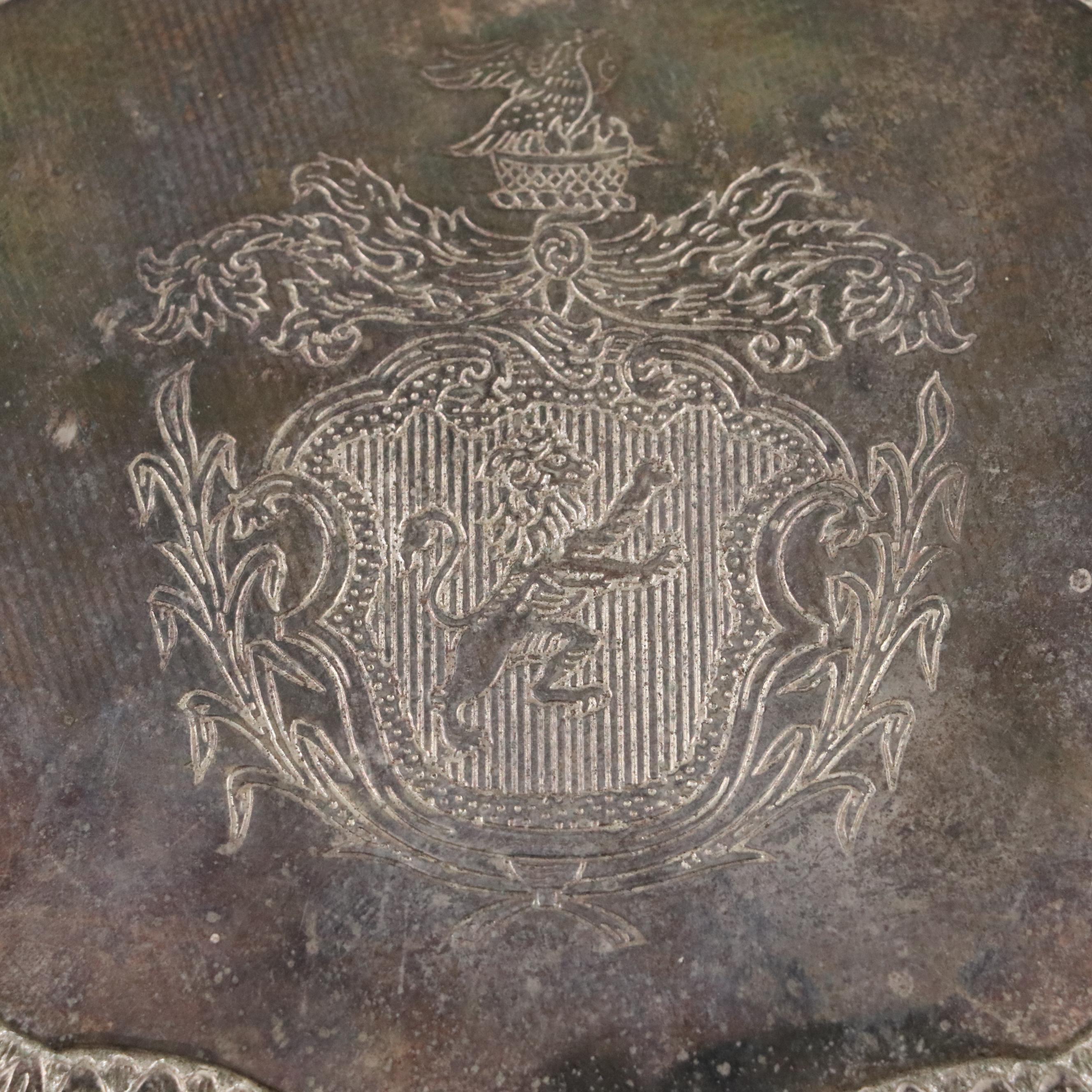 Silver Plate Footed Jewelry Box with Heraldic Style Motif and Heart Shaped Box