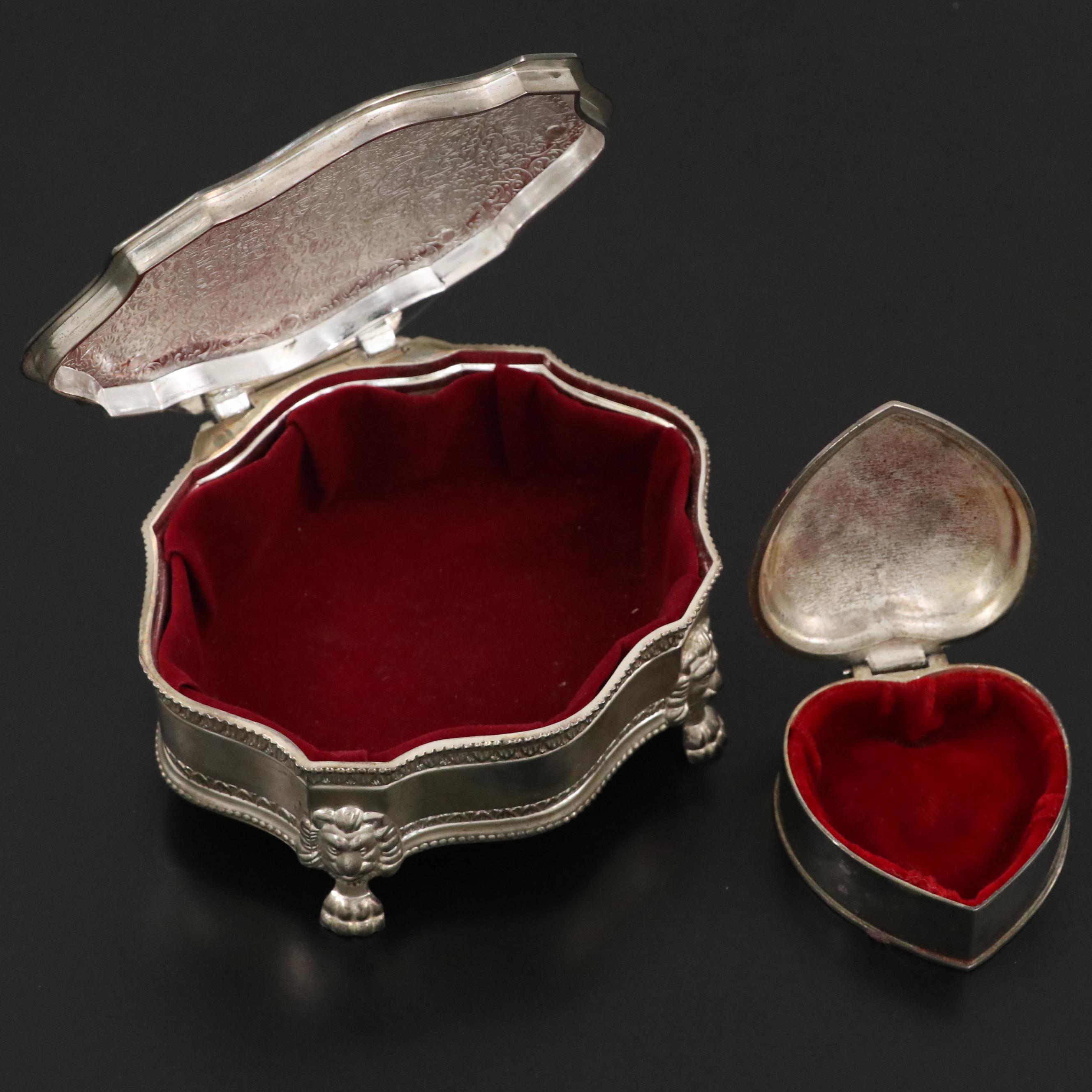 Silver Plate Footed Jewelry Box with Heraldic Style Motif and Heart Shaped Box