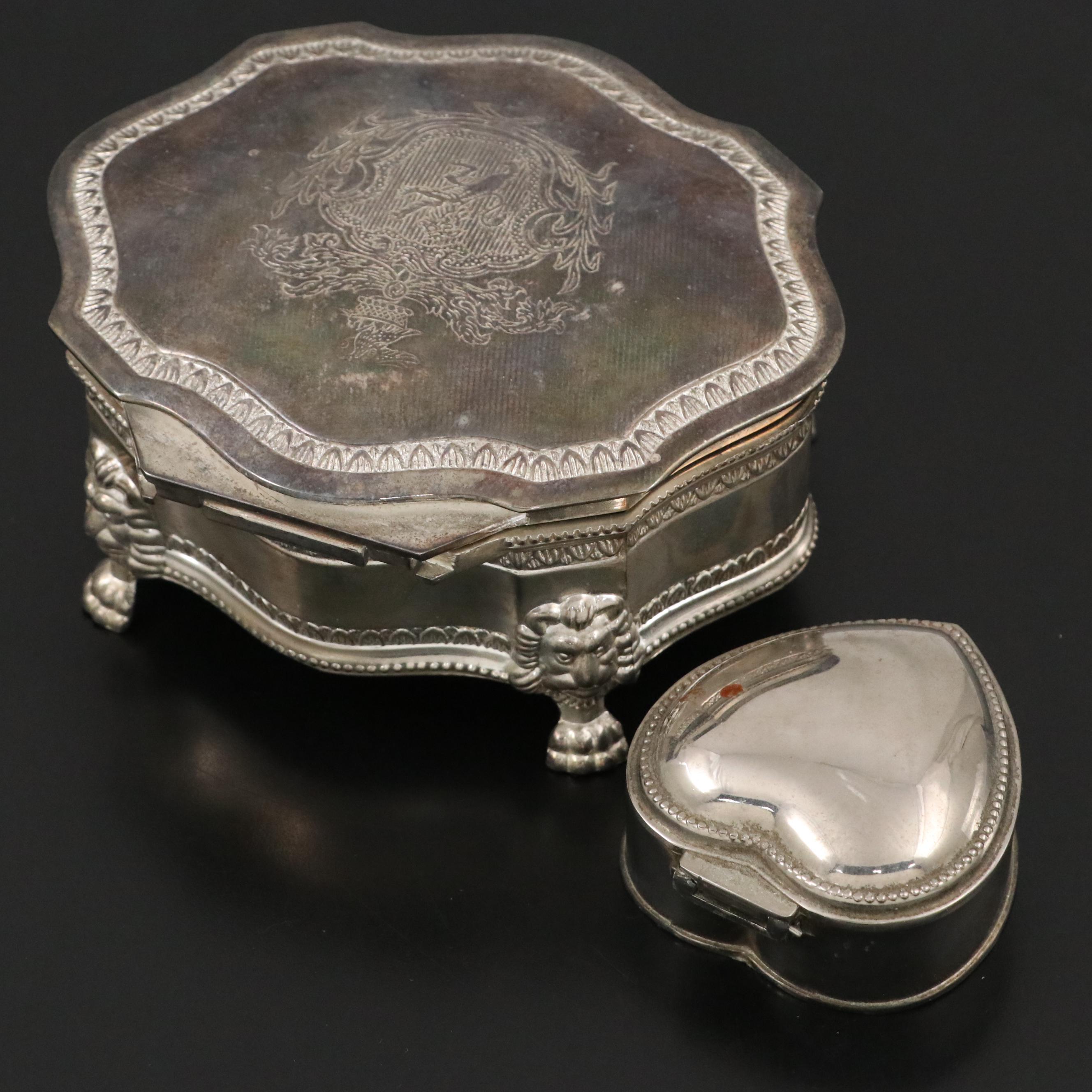 Silver Plate Footed Jewelry Box with Heraldic Style Motif and Heart Shaped Box