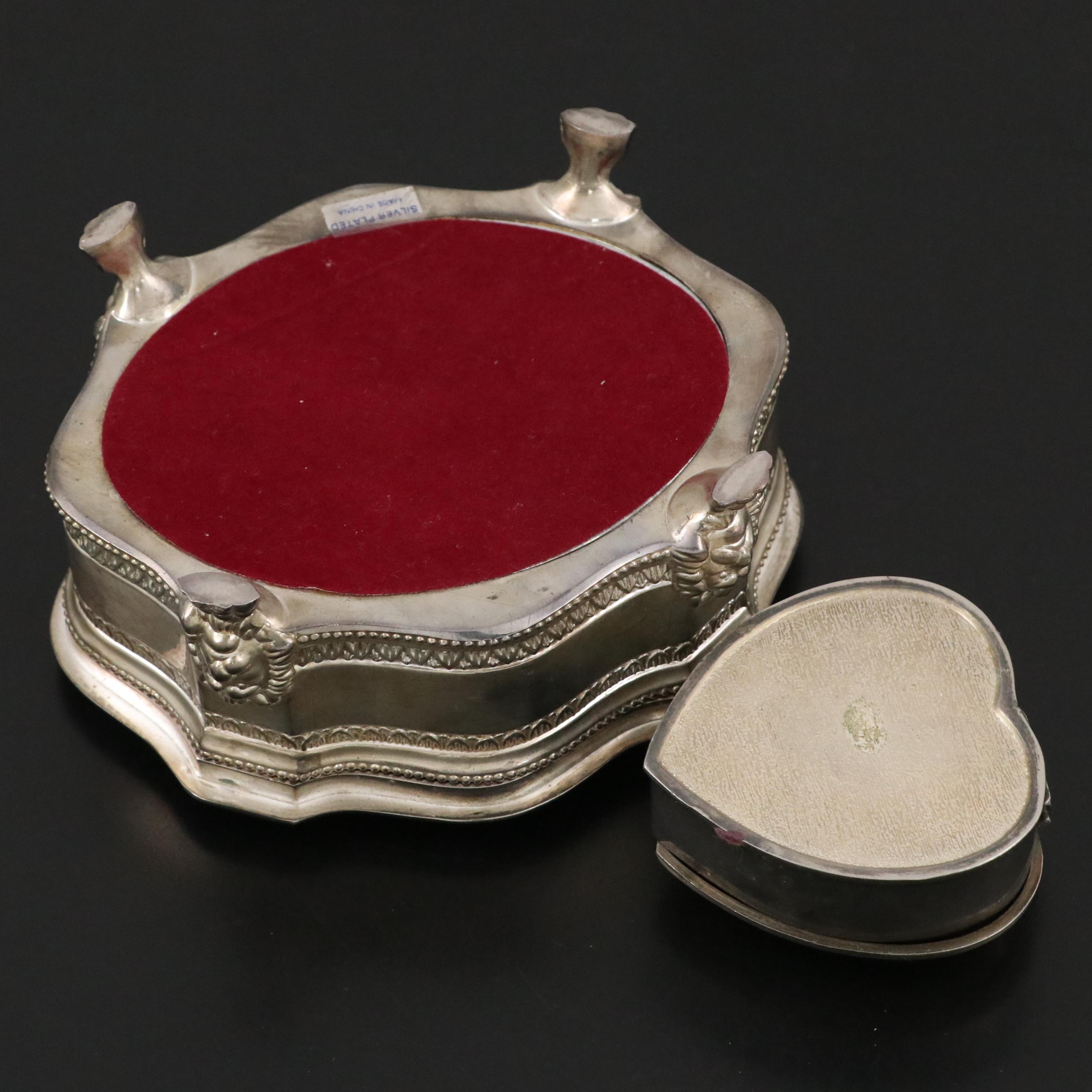 Silver Plate Footed Jewelry Box with Heraldic Style Motif and Heart Shaped Box