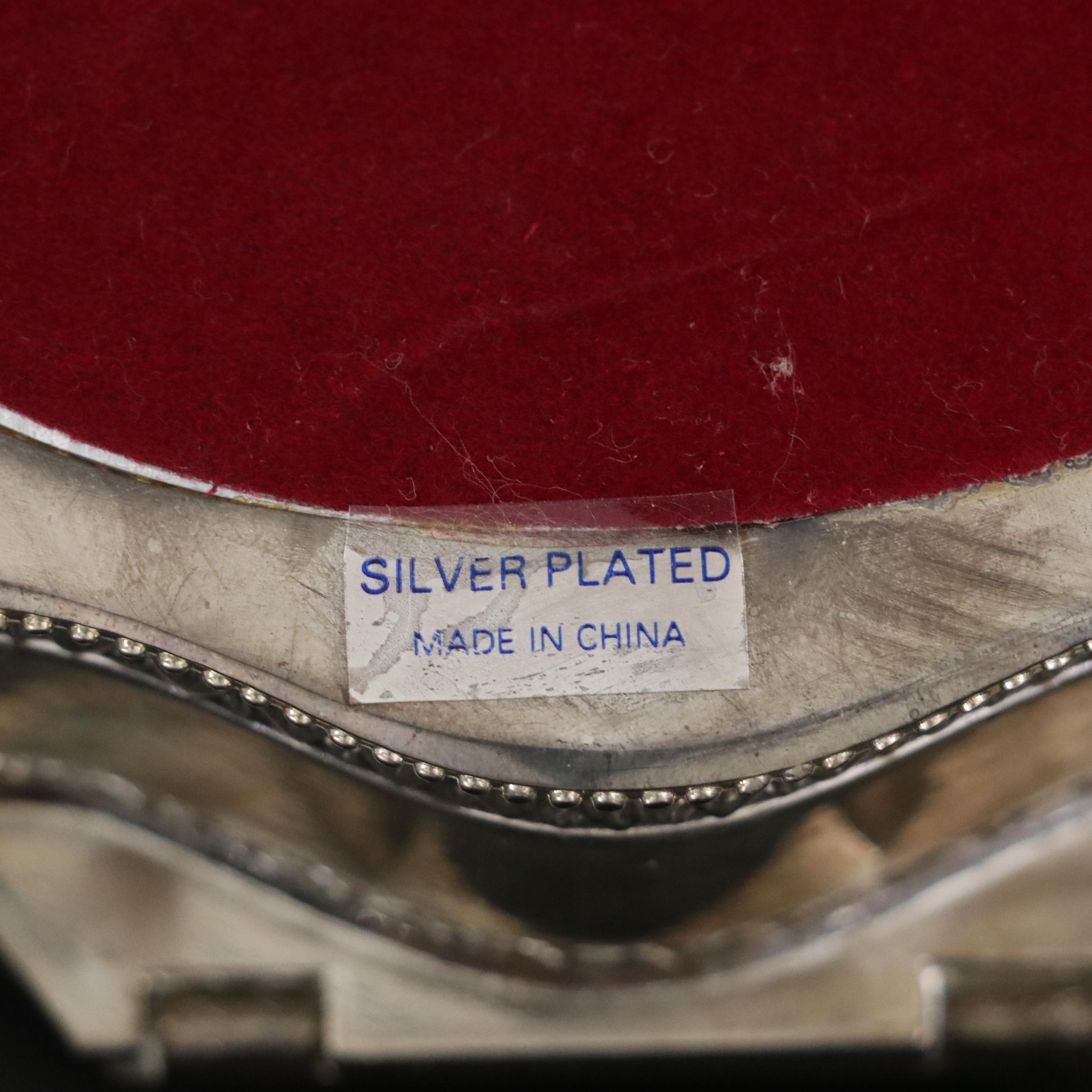 Silver Plate Footed Jewelry Box with Heraldic Style Motif and Heart Shaped Box