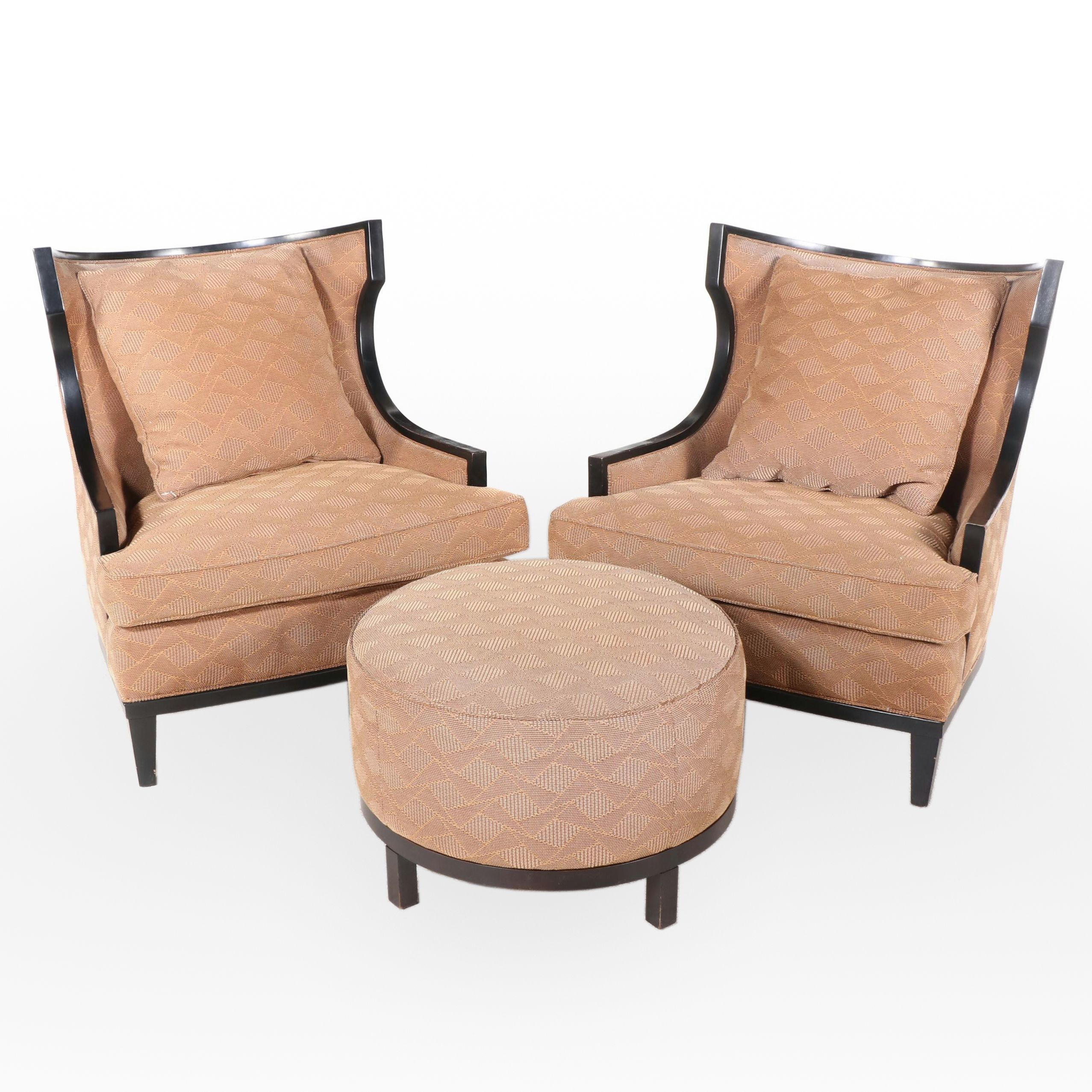 Pair of Barbara Barry for Henredon Wingback Armchairs w/ Baker Furniture Ottoman