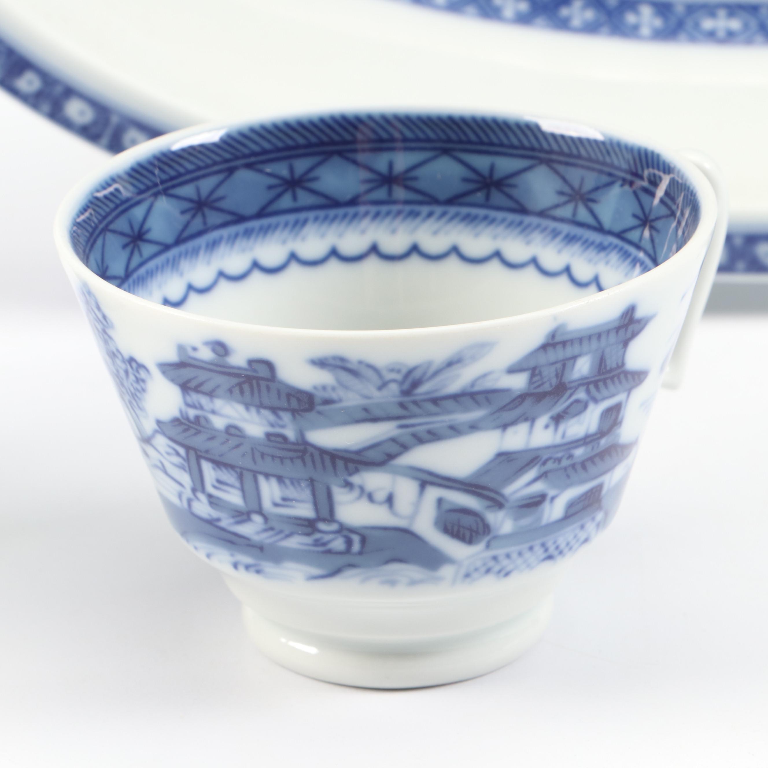 Mottahedeh Flow Blue "Blue Canton" Porcelain Platters and Cups